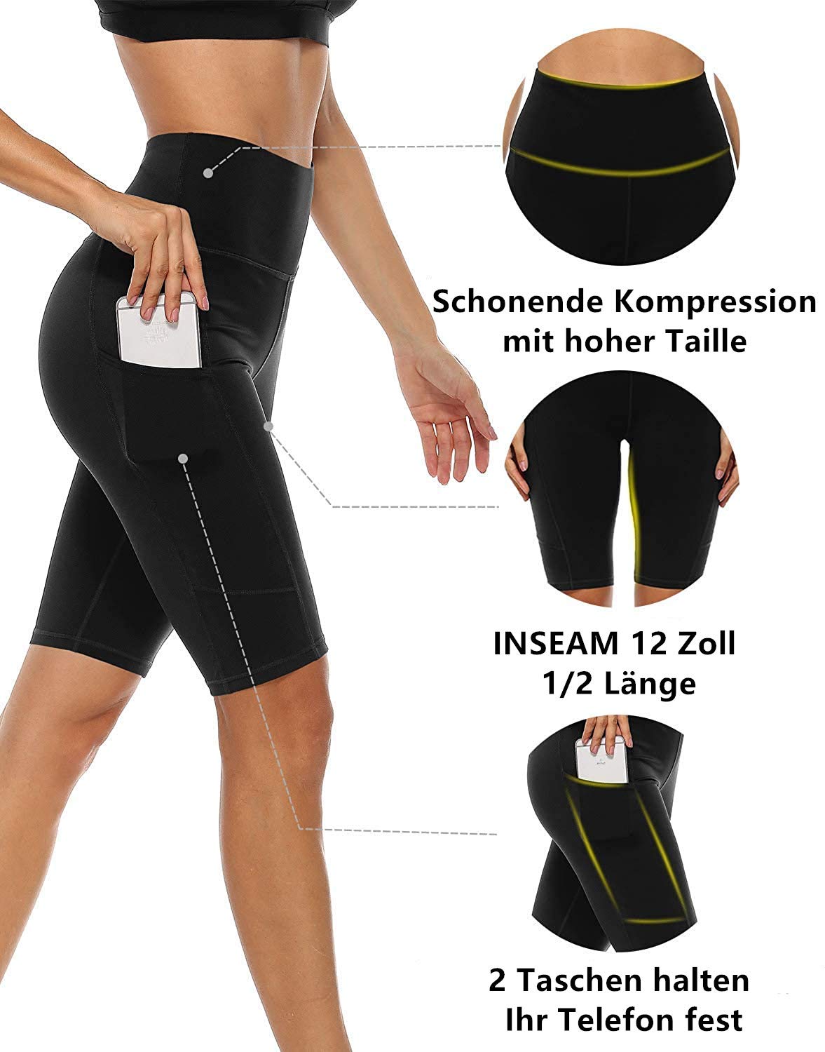 Anwell Radlerhose Damen Kurze Sporthose Handytasche Sport Kurz Leggings