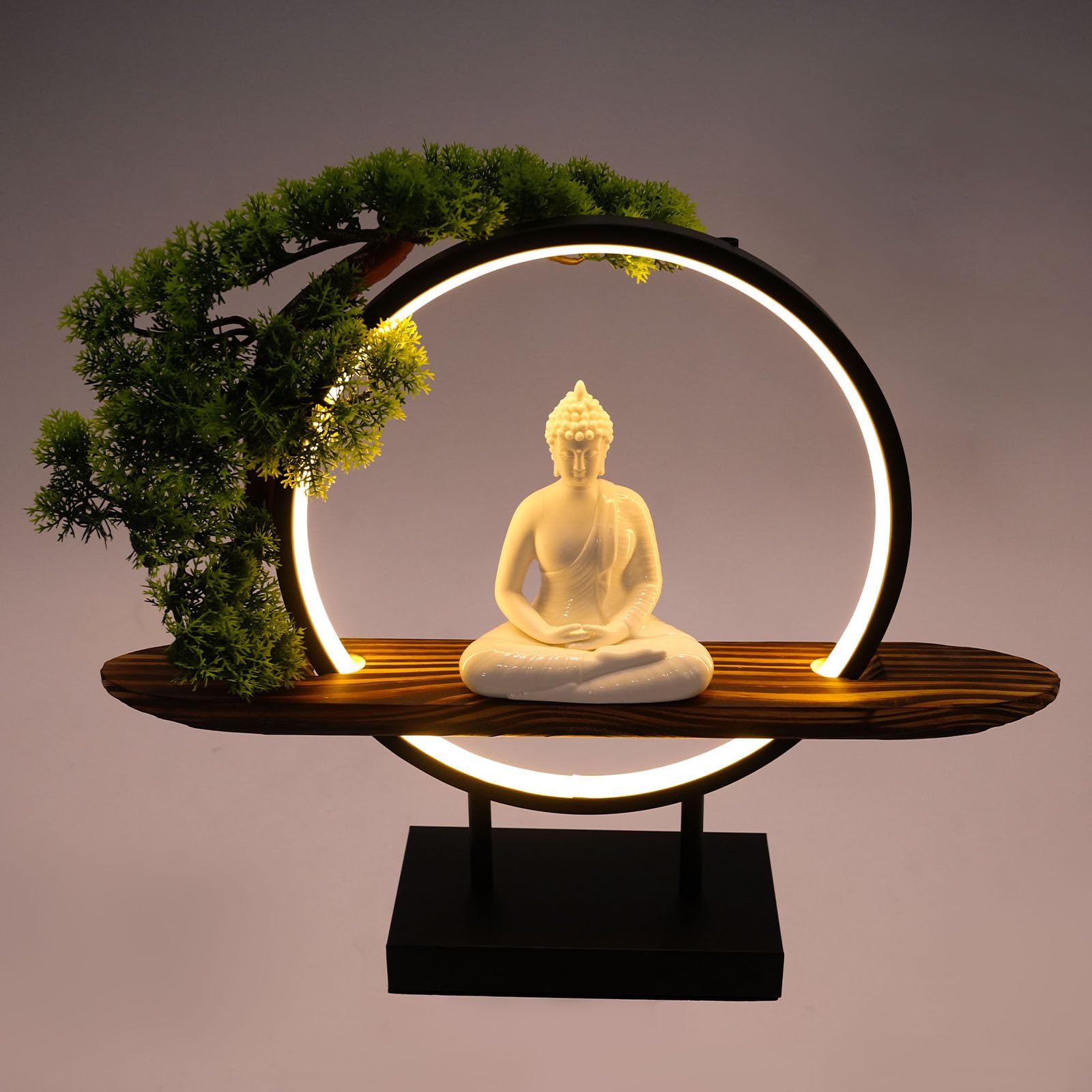 Zen Buddha Statue with LED Light & Incense Holder - 16.5 Inch Desktop Decor for Home Office Meditation, Unique Spiritual (White)