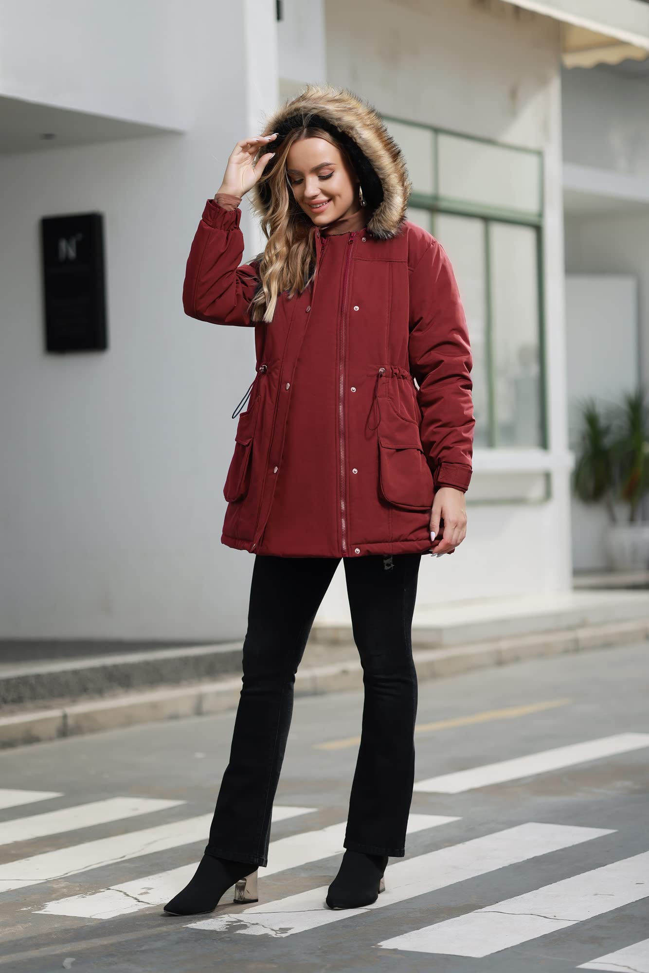 Maacie Umstandsmantel für Damen, 3-in-1, verdickt, mit Fleece gefüttert, Winter, warm, mit Kapuze, wein, M