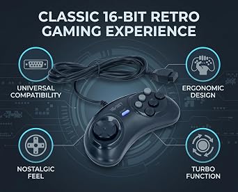 Akozon Game Controller for Genesis 9 Pin 16 Bit Wired Ergonomic Gamepad - Plug and Play, Boost Function, Compact Design for Ultimate Gaming Experience
