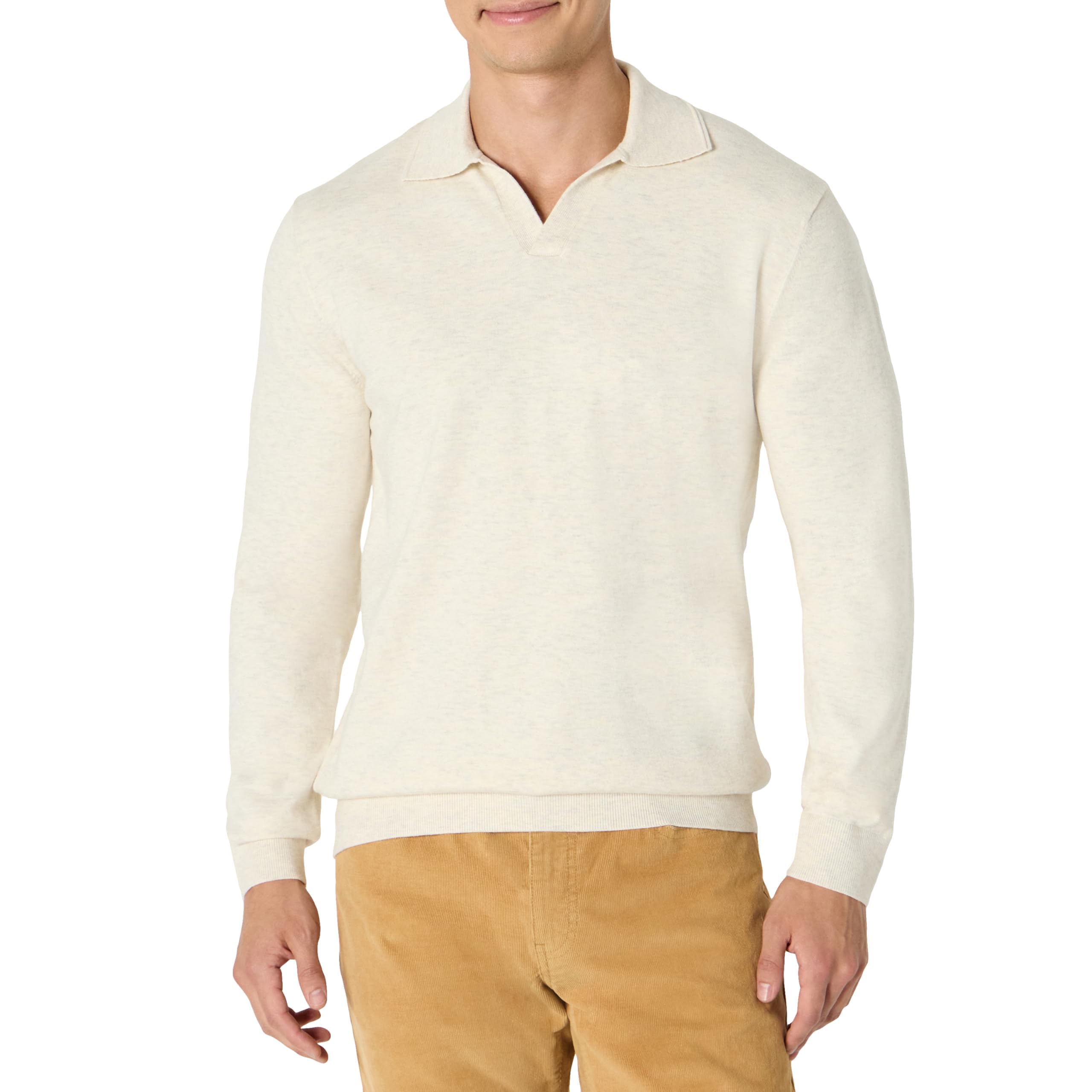 Amazon Essentials Men's Long Sleeve Regular Fit Knit Polo Jumper, Sand Heather, XL
