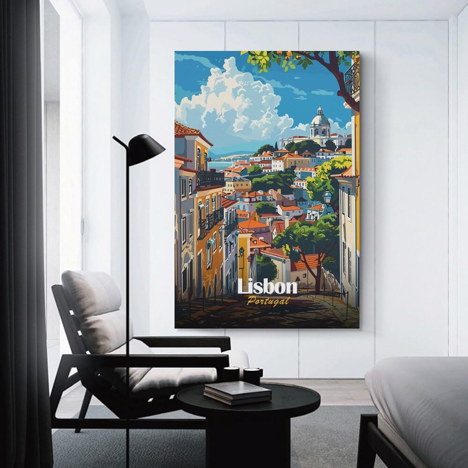 Junmoney Unframe-Style-17-1 Lisbon, Portugal Cityscape Illustration Wall Picture Print 24X36inch(60X90cm), For Lounge Decor, Offices Or Entryway Styling, Versatile Wall Decor For Many Rooms