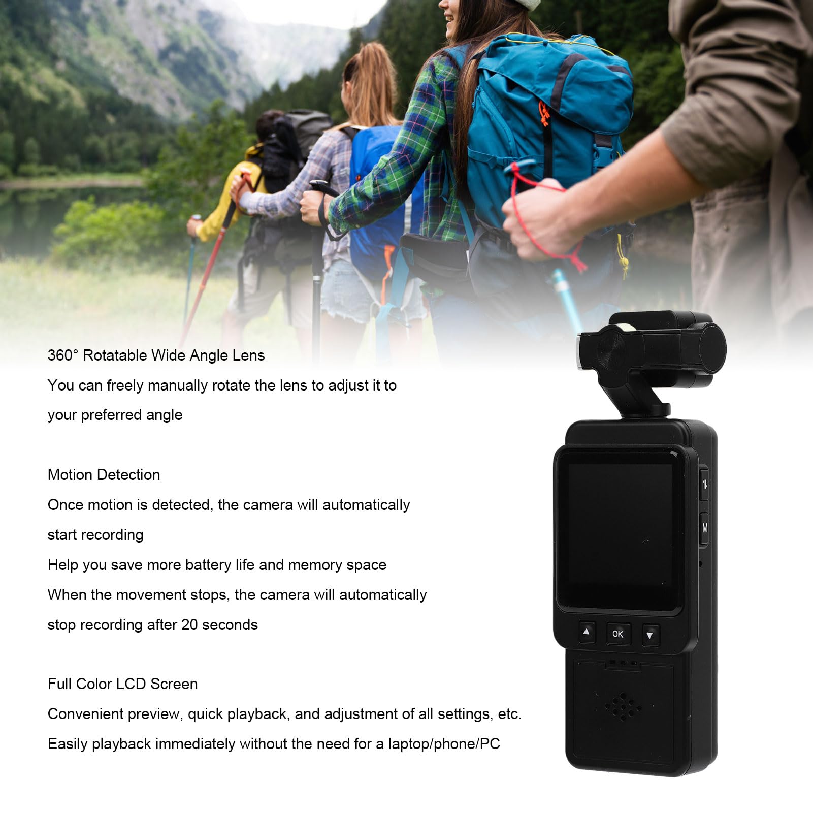 Tosuny Cámara de Acción Portátil, Videocámara de Bolsillo WiFi 1080P con Lente Rotatable de 360​​°,Detección de Movimiento, Pantalla LCD, Cámara Desgastada con