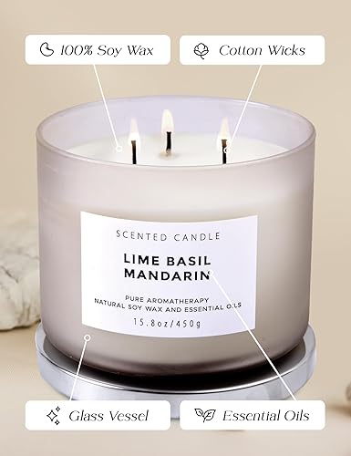 Miniatura 5 de Vela de soja de 3 mechas de albahaca y mandarina de lima, 15.8 onzas, vela perfumada a hierbas cítricas frescas para el hogar, vela de aromaterapia