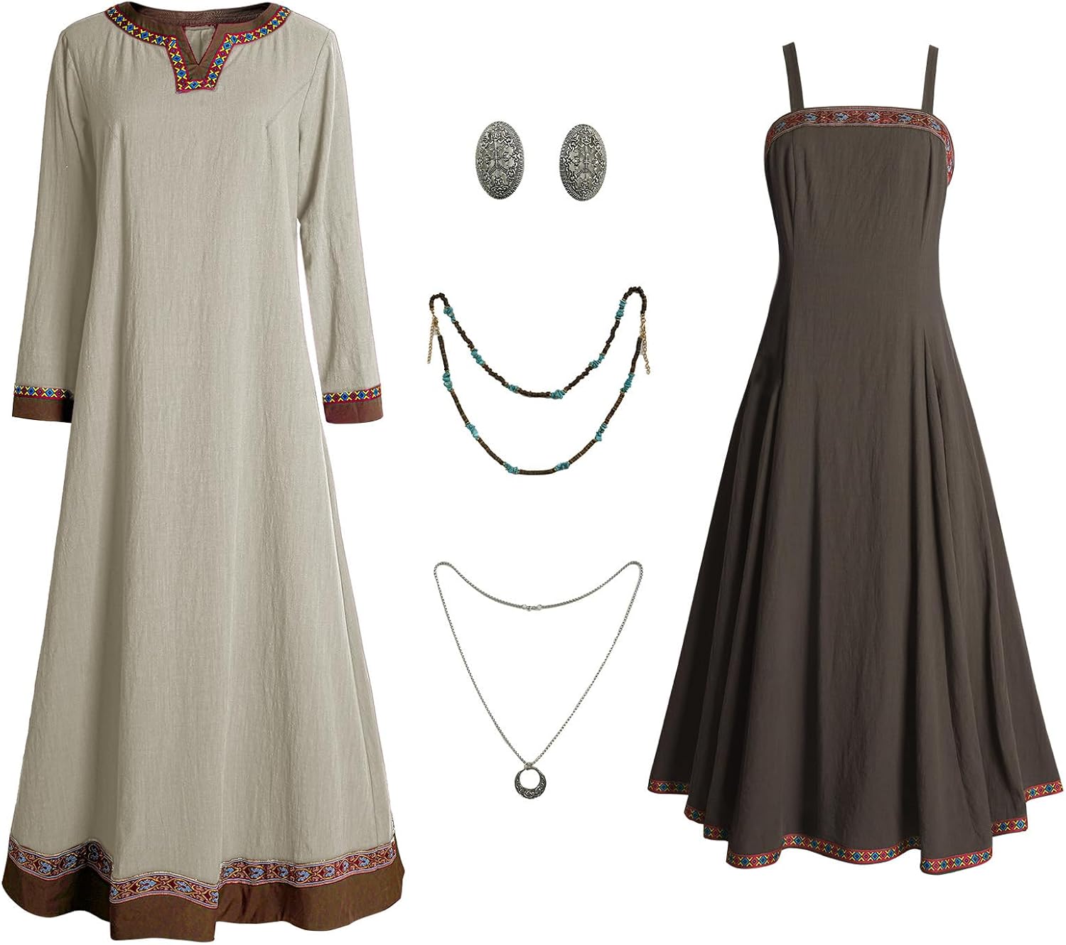 Women's Viking Costume Medieval Apron Underdress Necklace Brooches Peasant Costume