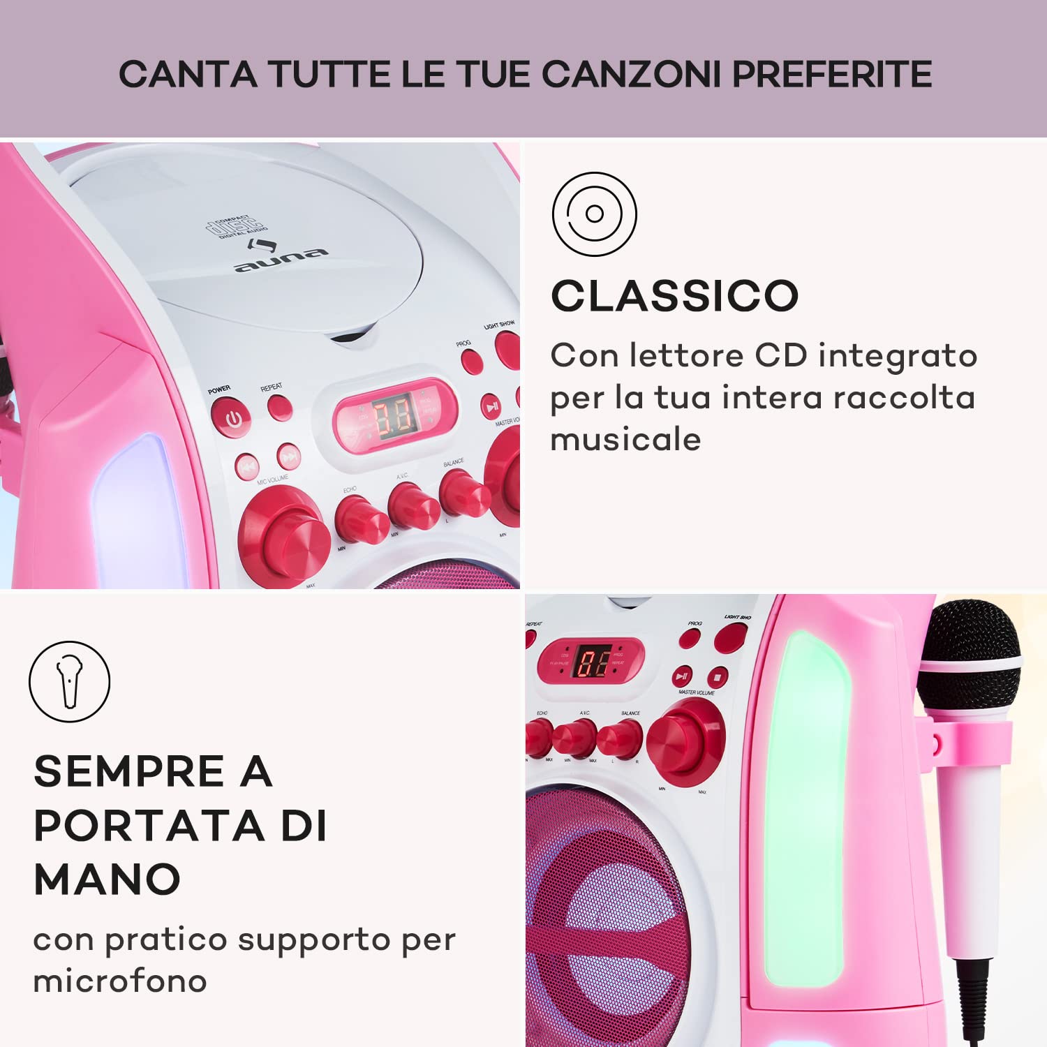 AUNA Kara Illumina - Kit Karaoke, 2 Microfoni Dinamici, Lettore CD+G , Top Laoding, Capacitá MP3, Uscita Video, usicta Audio, Effetto Eco, Funzione AVC, Rosa-Bianco