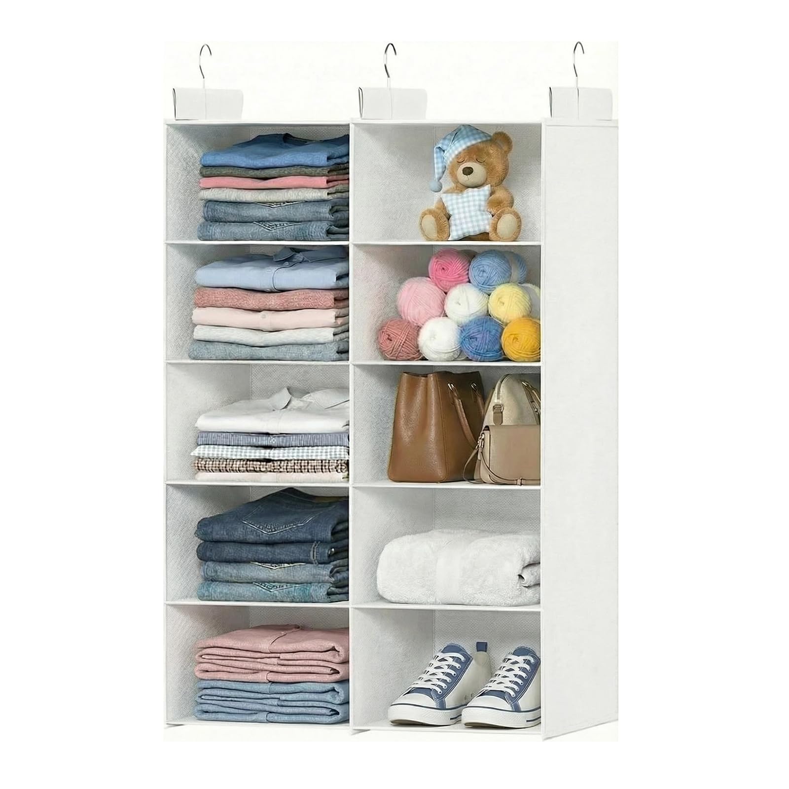 ALLTIDYUP Organizer Armadio da Appendere – Ripiano Pieghevole a Doppia Fila, 5 Ripiani, 10 Tasche e 3 Ganci, Salvaspazio, Sistema di Organizzazione – Ideale per Dormitori e Camper (Bianco)