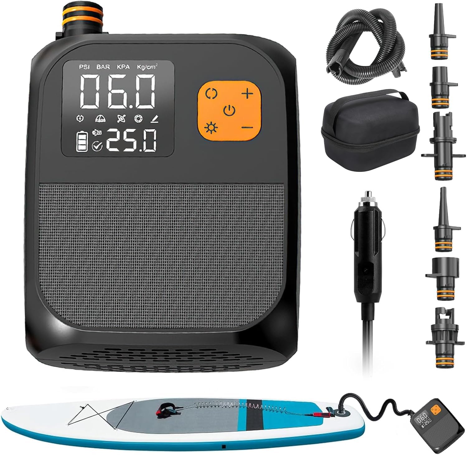 25PSI Electric SUP Pump Type-C Rechargeable LCD 6 Nozzles Air Inflator