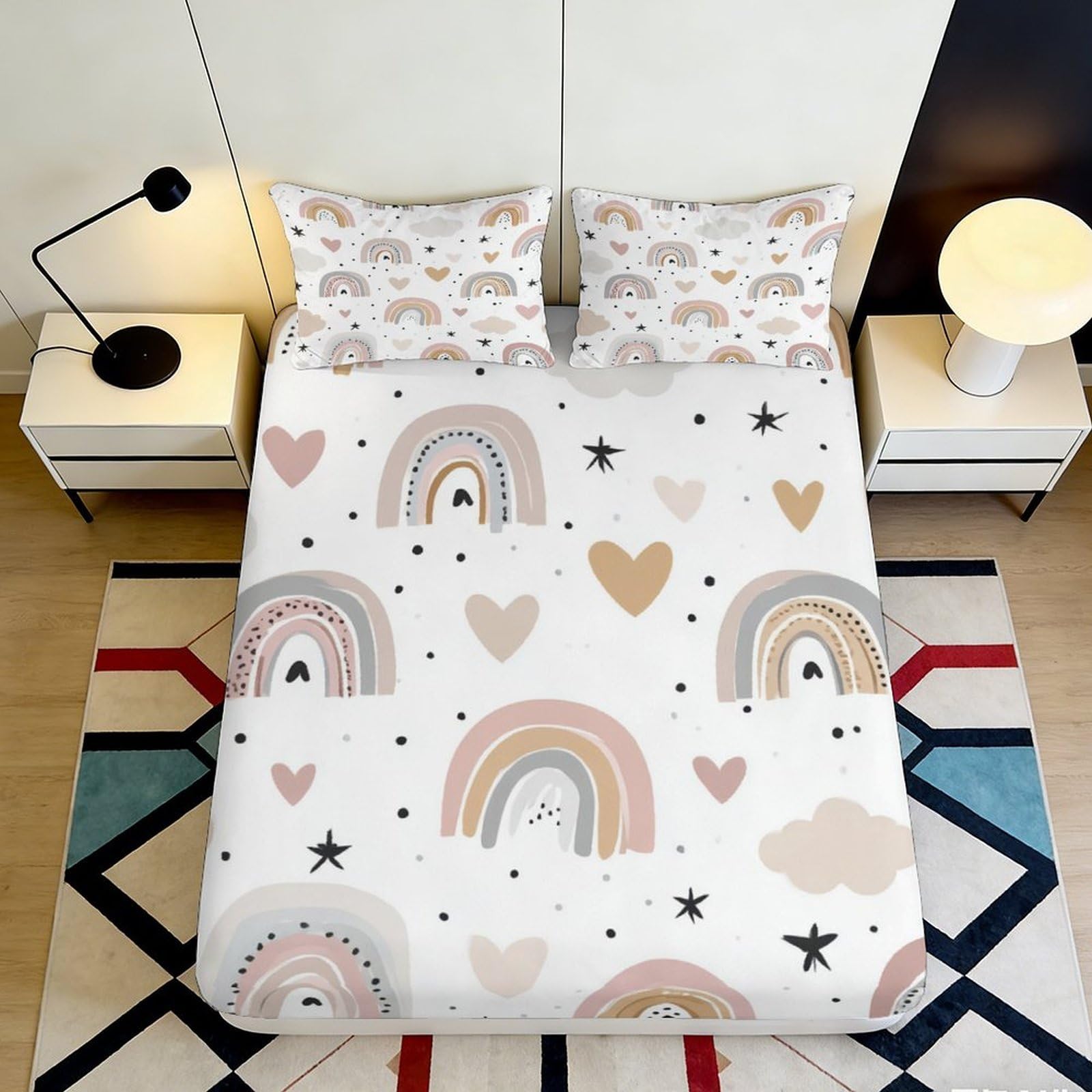 3D Printed Pastel Rainbow Fitted Sheet Microfiber Soft Heart Star Mattress Cover for Bedroom Guest Room Dorm Decor 90x200x25cm
