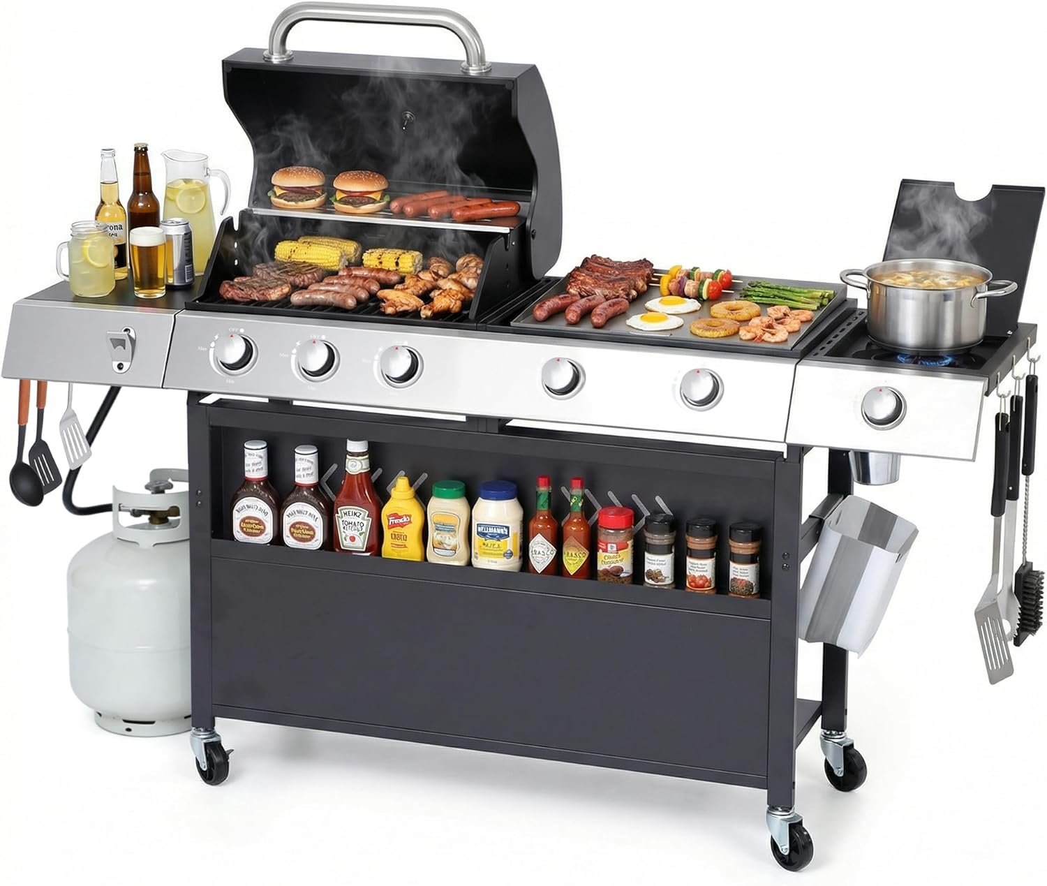 MAGIC UNION Propane Gas Grill and Flat Top Griddle Combo, 58000 BTU Dual Outdoor BBQ Station with Side Burner, Enameled Cast Iron Grates & Pan, Easy-Clean Grease Management, 628 sq.in Cooking Area