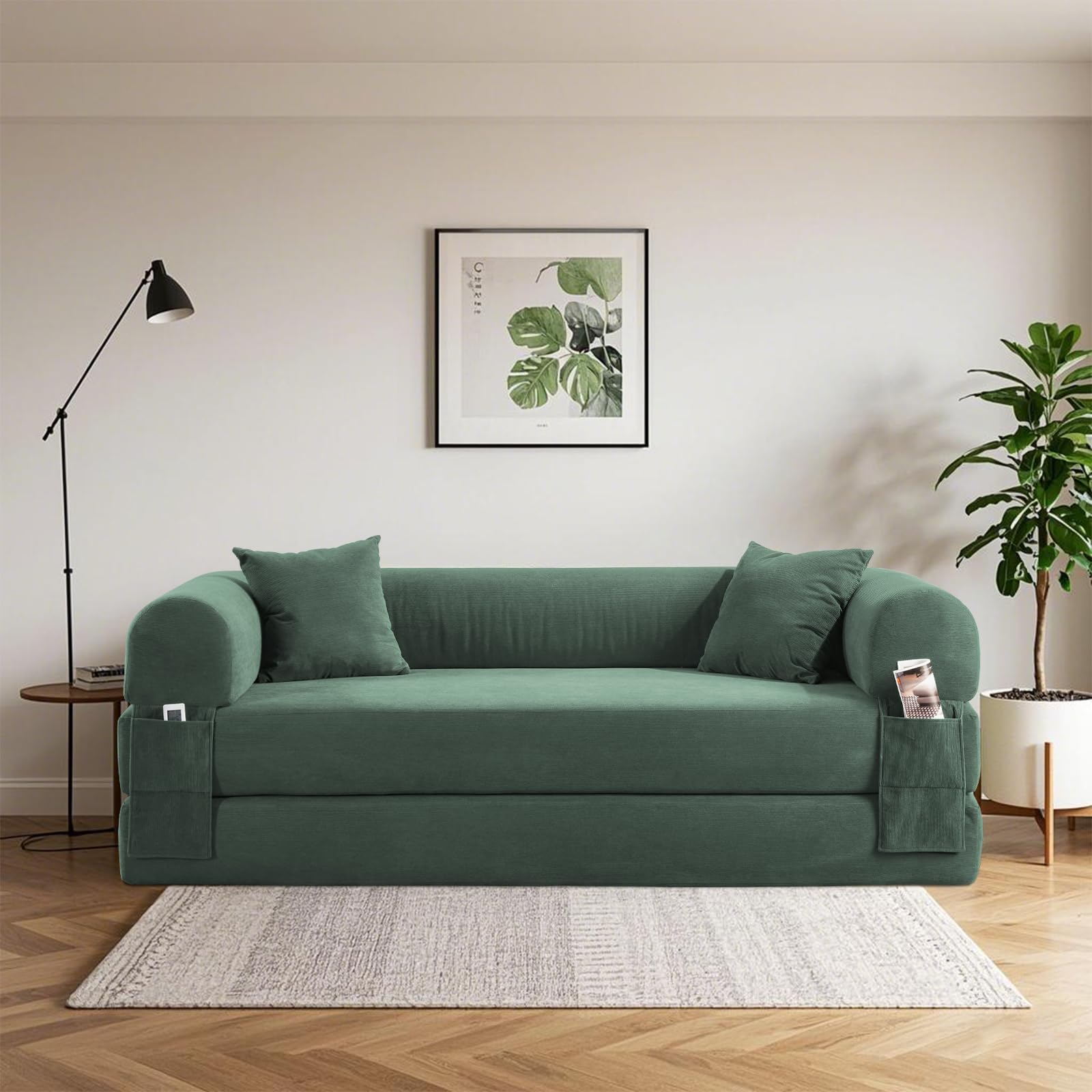 Cabrio Schlafsofa, Cord-Klappcouch mit Zylinderkissen, einfacher Transport, Bodensofa-in-a-Box, tiefer Sitz, Slish Green Wohnzimmerfell, kein Aufblasen erforderlich