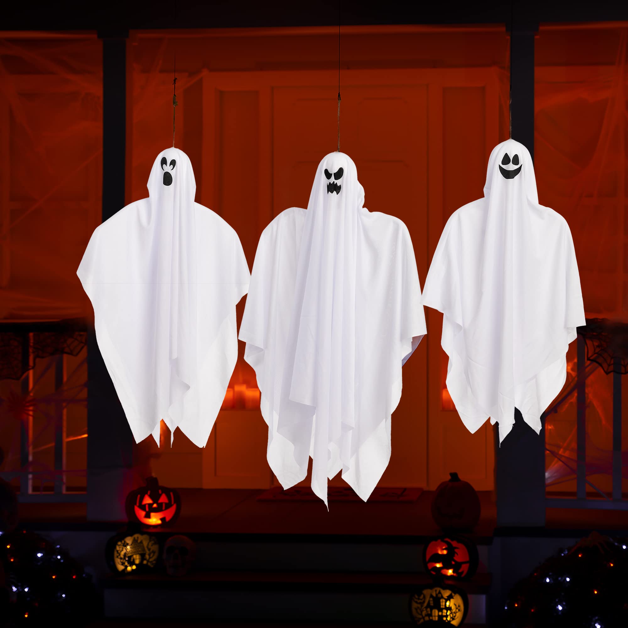 Wiszące duchy na Halloween, świecące w ciemności, różne rozmiary, do dekoracji, na imprezę Halloween, na podwórko, patio, trawnik, ogród, dekoracja imprezowa, 3 szt.