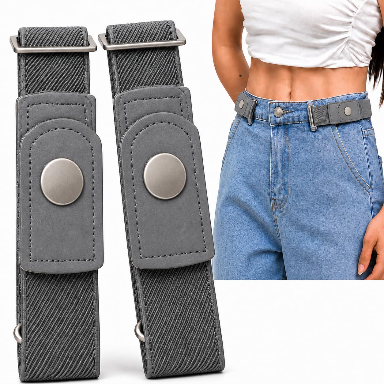 Hemios Unisex Grey 2-Pack No Buckle Belts For Men & Women, Adjustable Buckless Belt, Elastic Waistband Up To 72 Inches, Elastic Waist Belt For Jeans, Trousers & Formal Pants, Comfortable Invisible Belt For Everyday Wear
