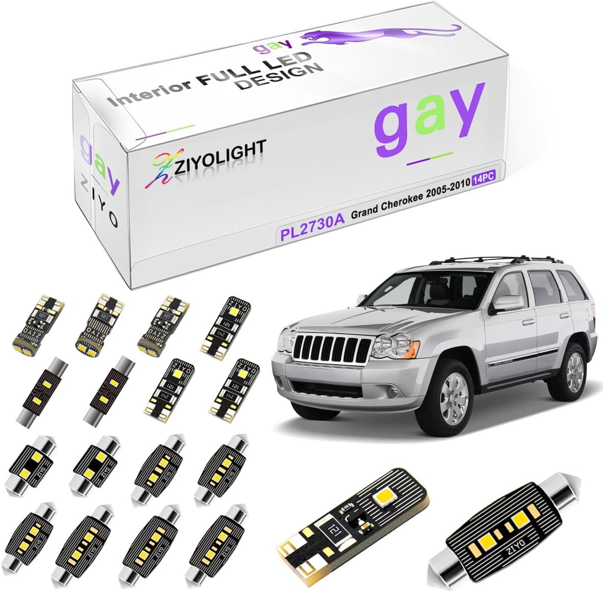 PL2730A Replacement for Jeep Grand Cherokee 2005-2010 LED Interior Light kit Accessories Package, 6000K White Dome Light Bulbs Upgrade (14 Bulbs)