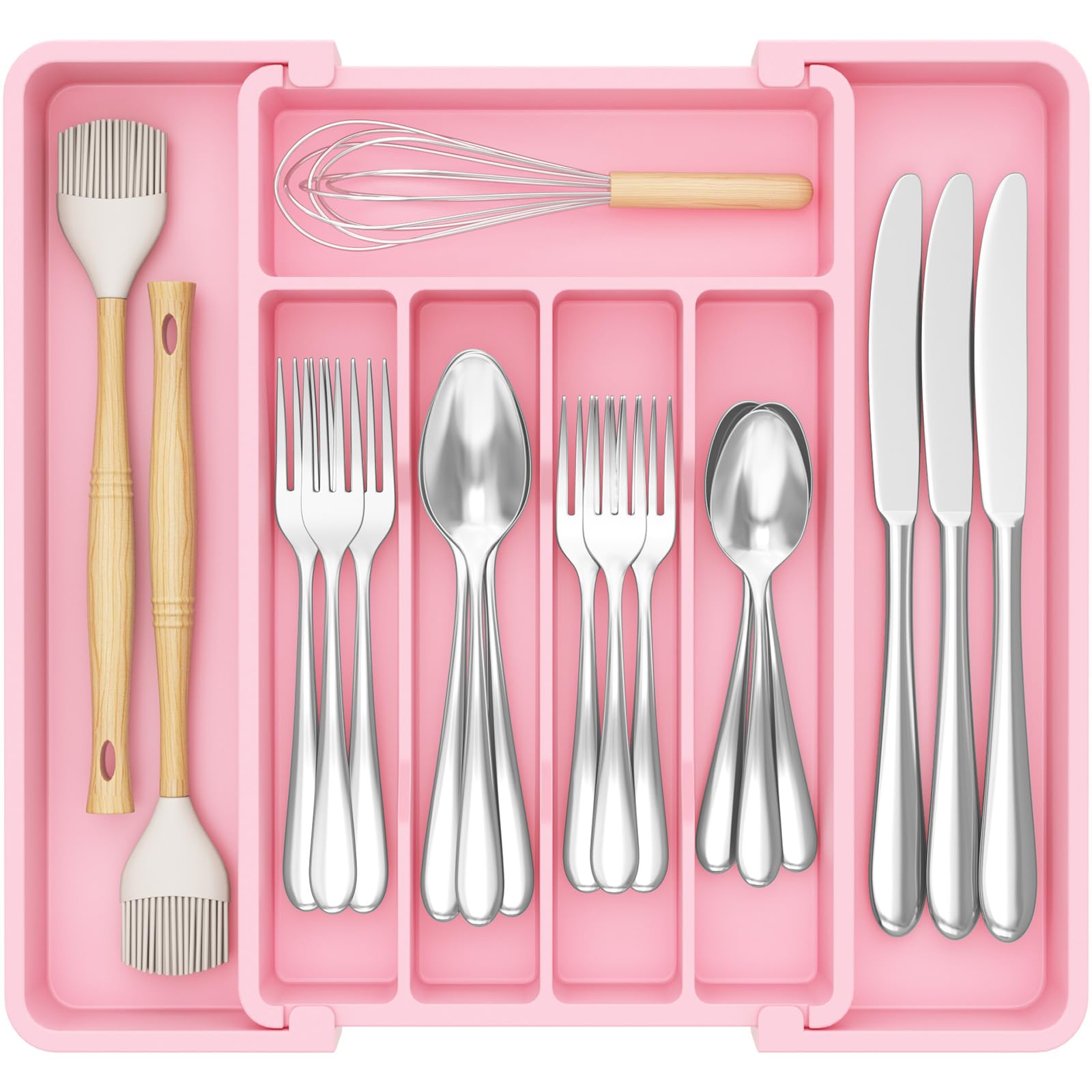 Lifewit Cutlery Drawer Organiser, Extendable Cutlery Tray, 7 Compartments, Kitchen Drawer Organiser Utensil Spoons Forks Knives, Small, Pink