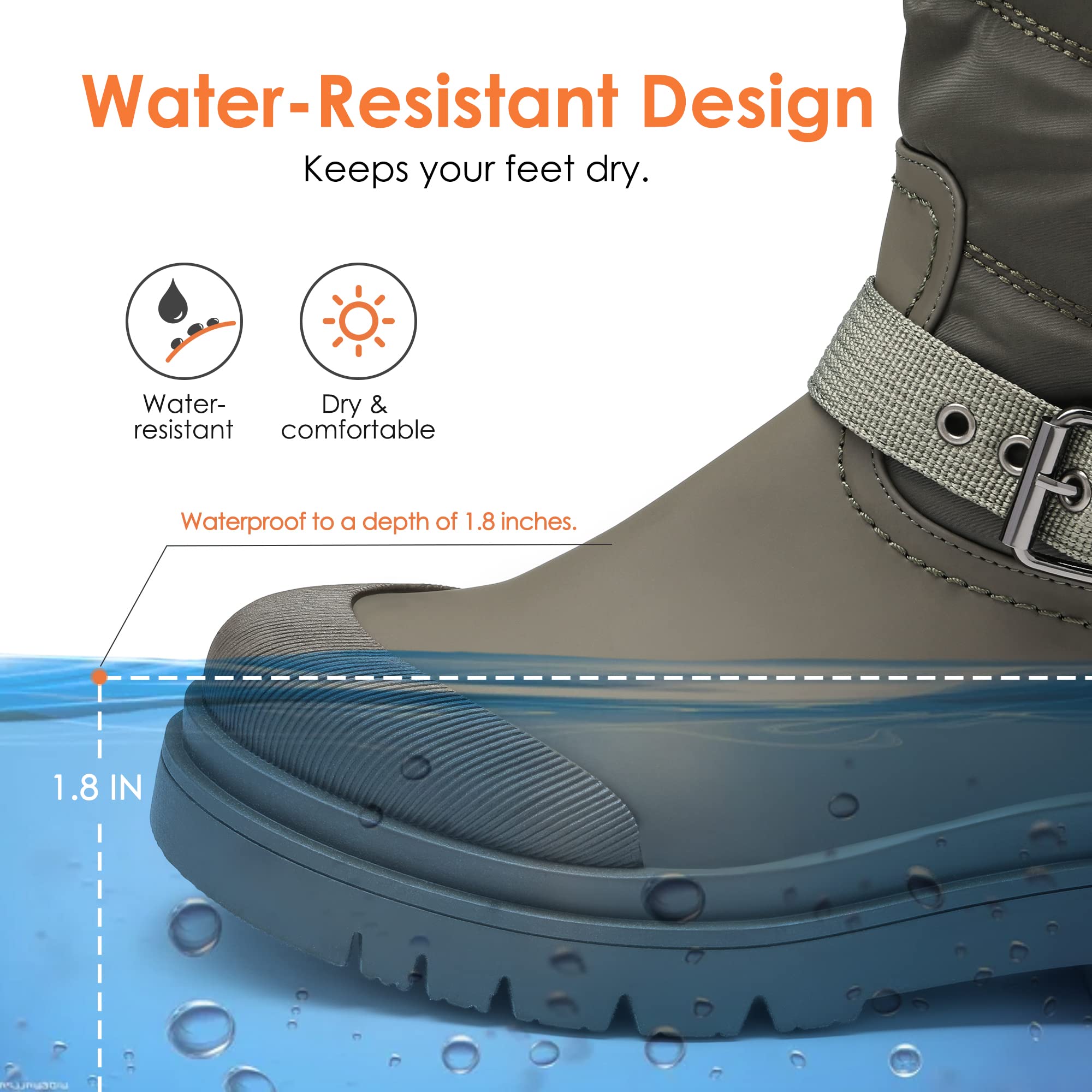DREAM PAIRS Damen Schneestiefel | Glattes PU Dicke Sohle mit Riemchenbesatz am RistOlivgrün