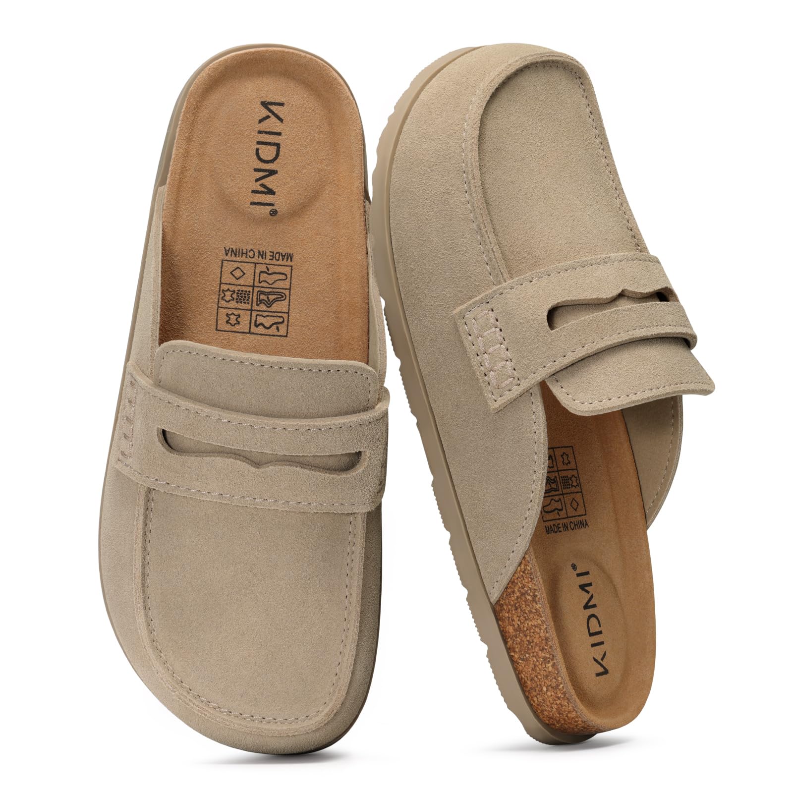 KIDMI Women's Genuine Suede Loafer Style Clogs Mules, Taupe, Size 37