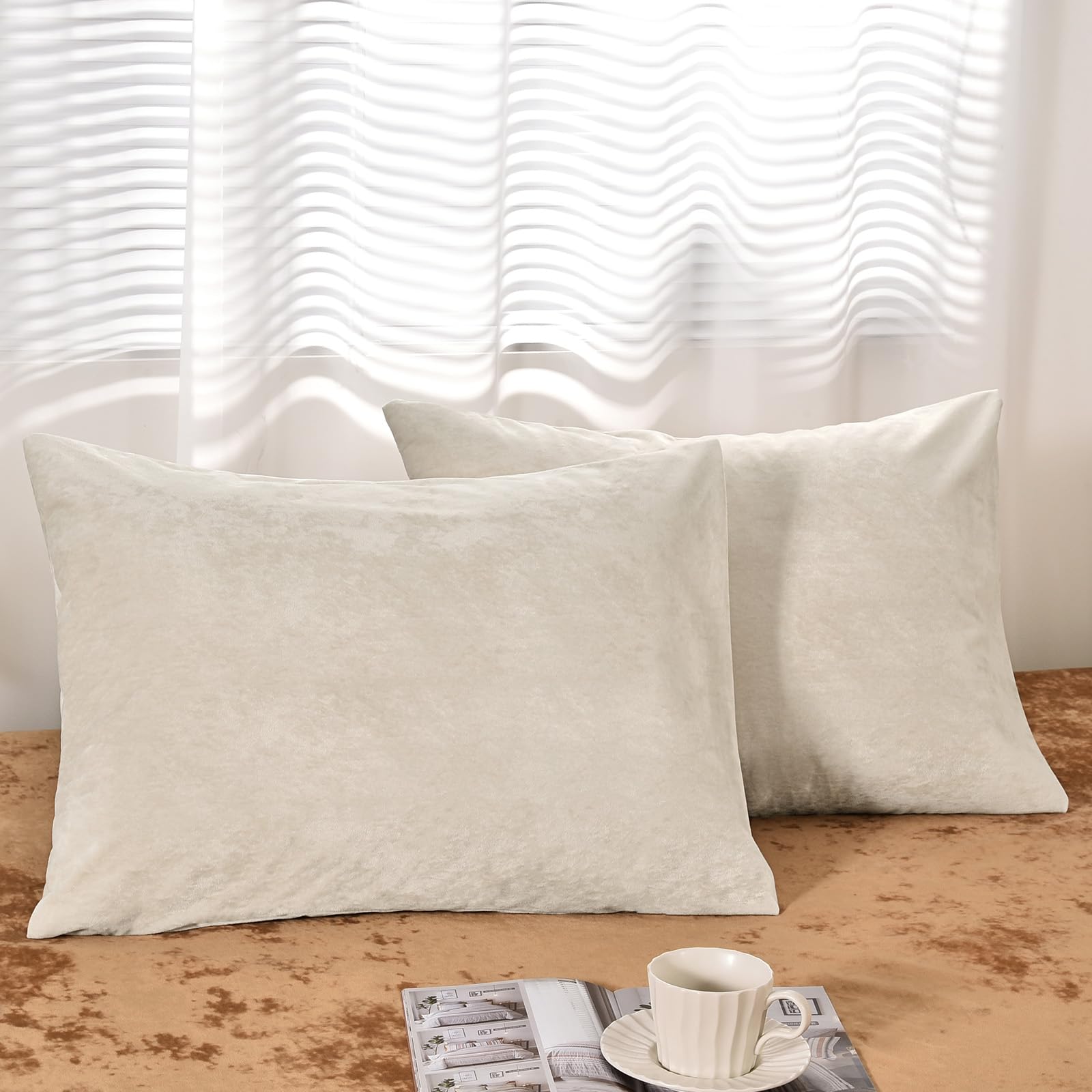 phf truly velvet pillowcases standard size, no insert, 2 pack ultra soft breathable pillow shams covers with envelope closure, 20" x 26" luxury cozy warm fuzzy flannel, sand