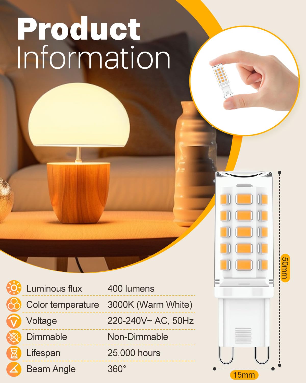 KALAHOL 6 Pack G9 LED Bulbs Warm White, 4W, 3000K, No Flicker, Equivalent to 40W Halogen, 400LM, Non-Dimmable - Image 3