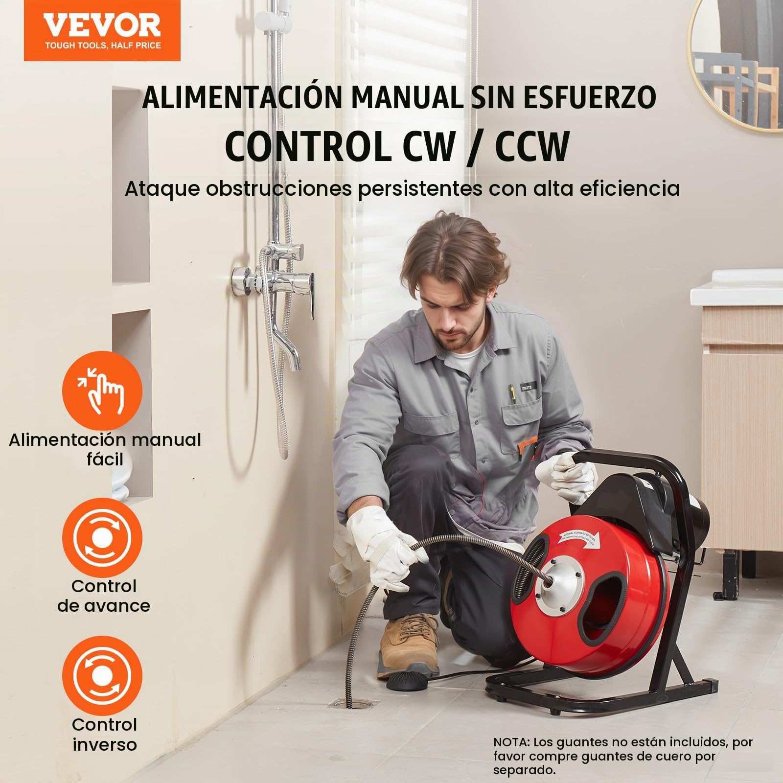 VEVOR Manual50FT 1/2IN 1700rpmCerrado Desbloqueador de Tuberías