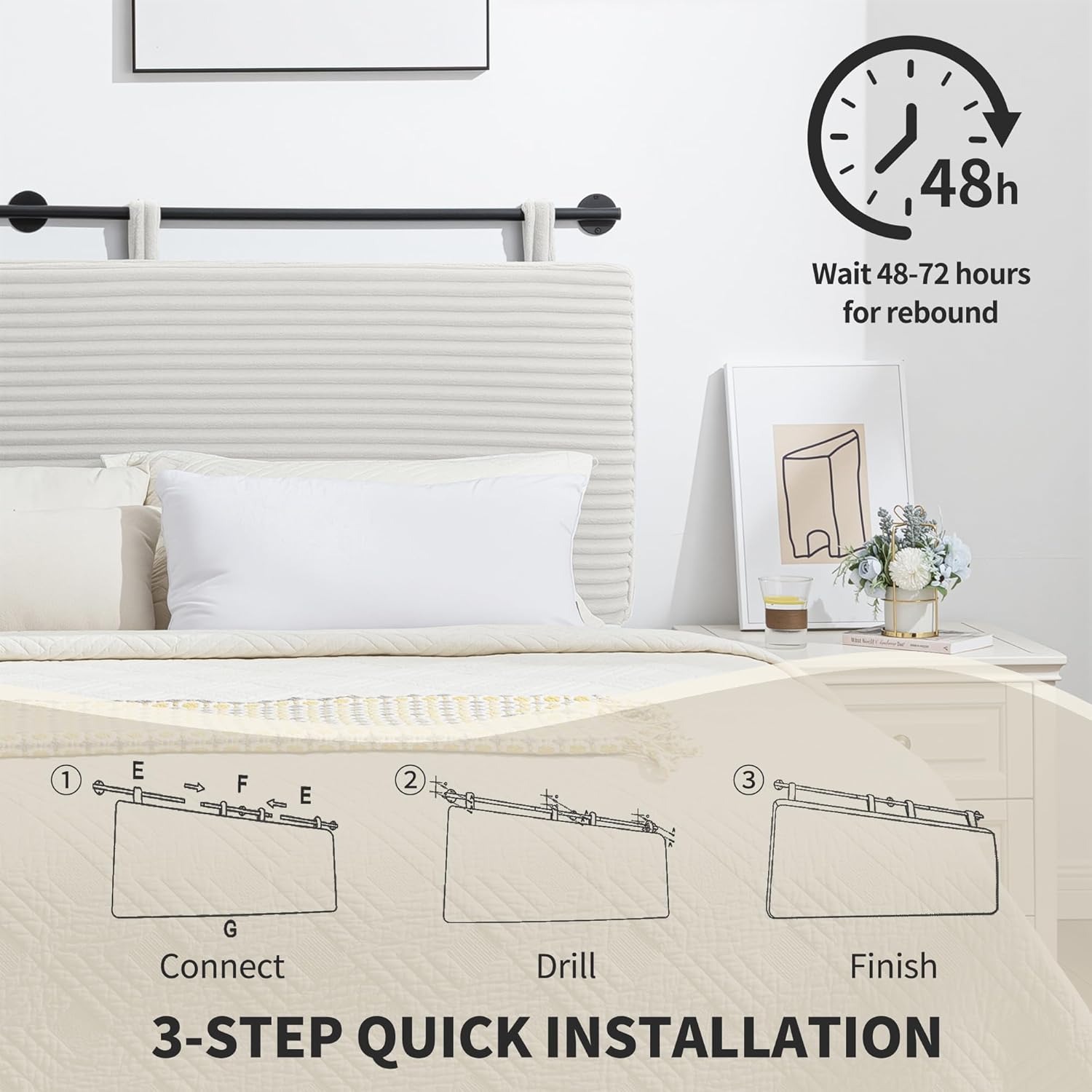 UEV King Headboard Only, Wall Mounted Hanging Upholstered Bed Head Board, Modern Vertical Channel Design of Fine Flannel, Elegant Beige Fluted Headboard for Bedroom (Beige, King Size)