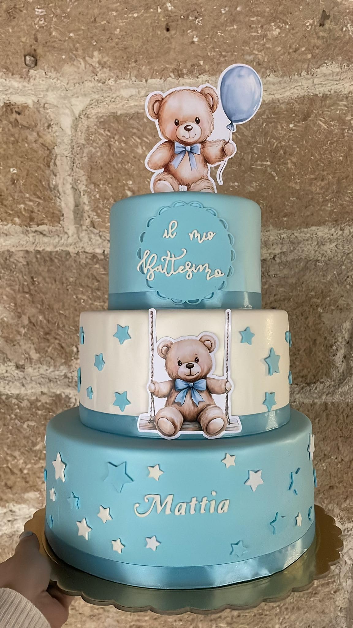 Torta Scenografica Battesimo Orsetto per Bimba e Bimbo – Centrotavola Decorativo Personalizzato – Torta Finta 3 Piani – Decorazioni Battesimo Tema Orsetto – Idea Allestimento Festa e Servizio Foto