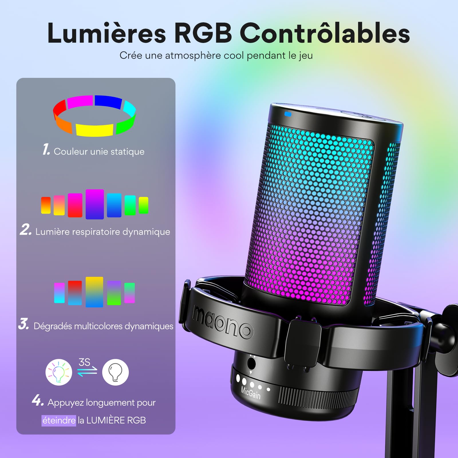 MAONO Micro Gaming RGB, Condensateur Microphone Antibruit pour Streaming Podcast Studio, Microphone USB pour PS5/PS4/Mac avec Éclairage RGB Contrôlable, Sourdine à Une Touche, Contrôle du Gain, DGM20