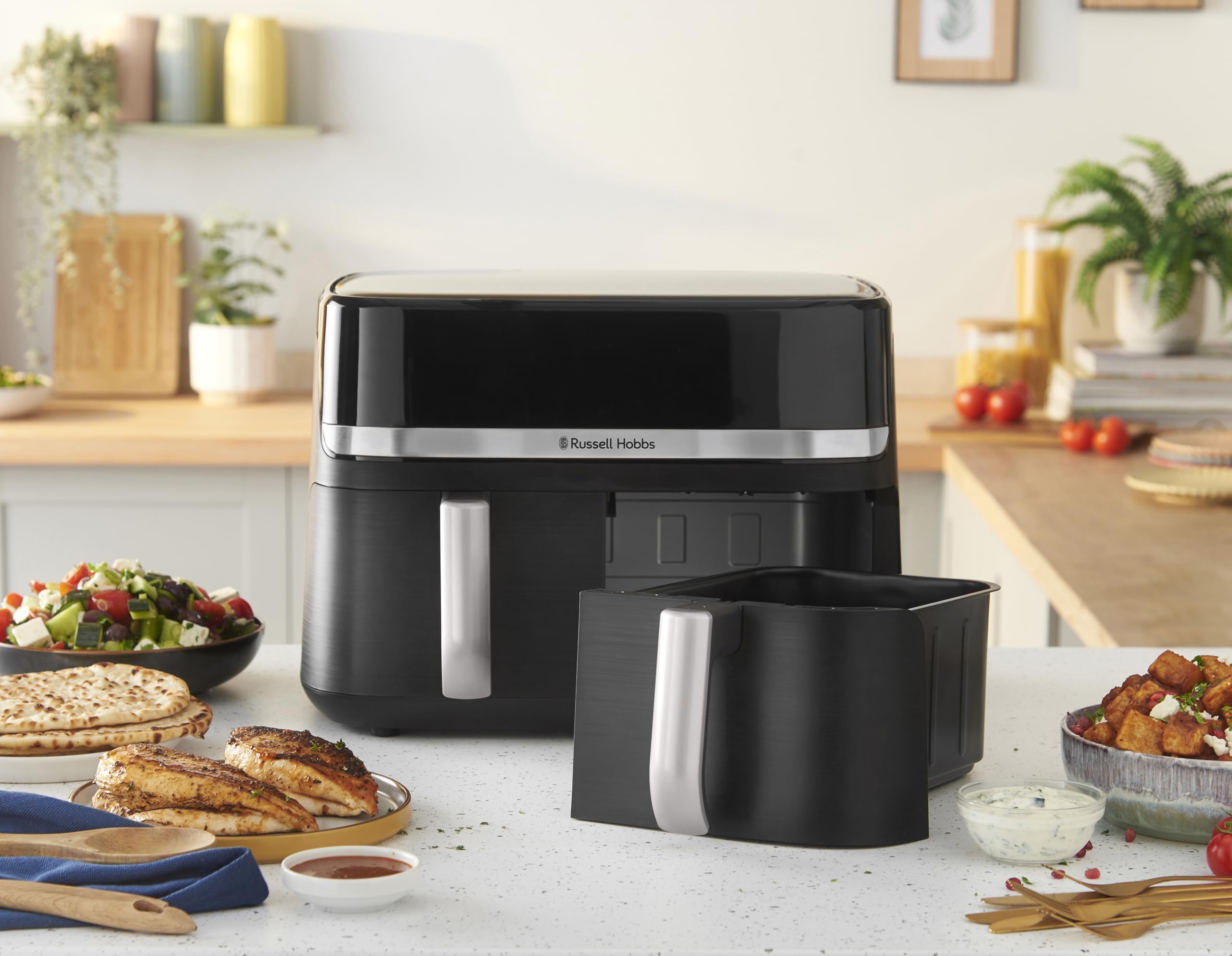 Russell Hobbs Heißluftfritteuse 2 Kammern 9L Rapid AirFryer [2 Fächer je 4,5l, sehr leiser Betrieb, 9 Programme] SatisFry Fritteuse (spülmaschinenfest, Match & Synchronisierungsfunktion) 27681-56