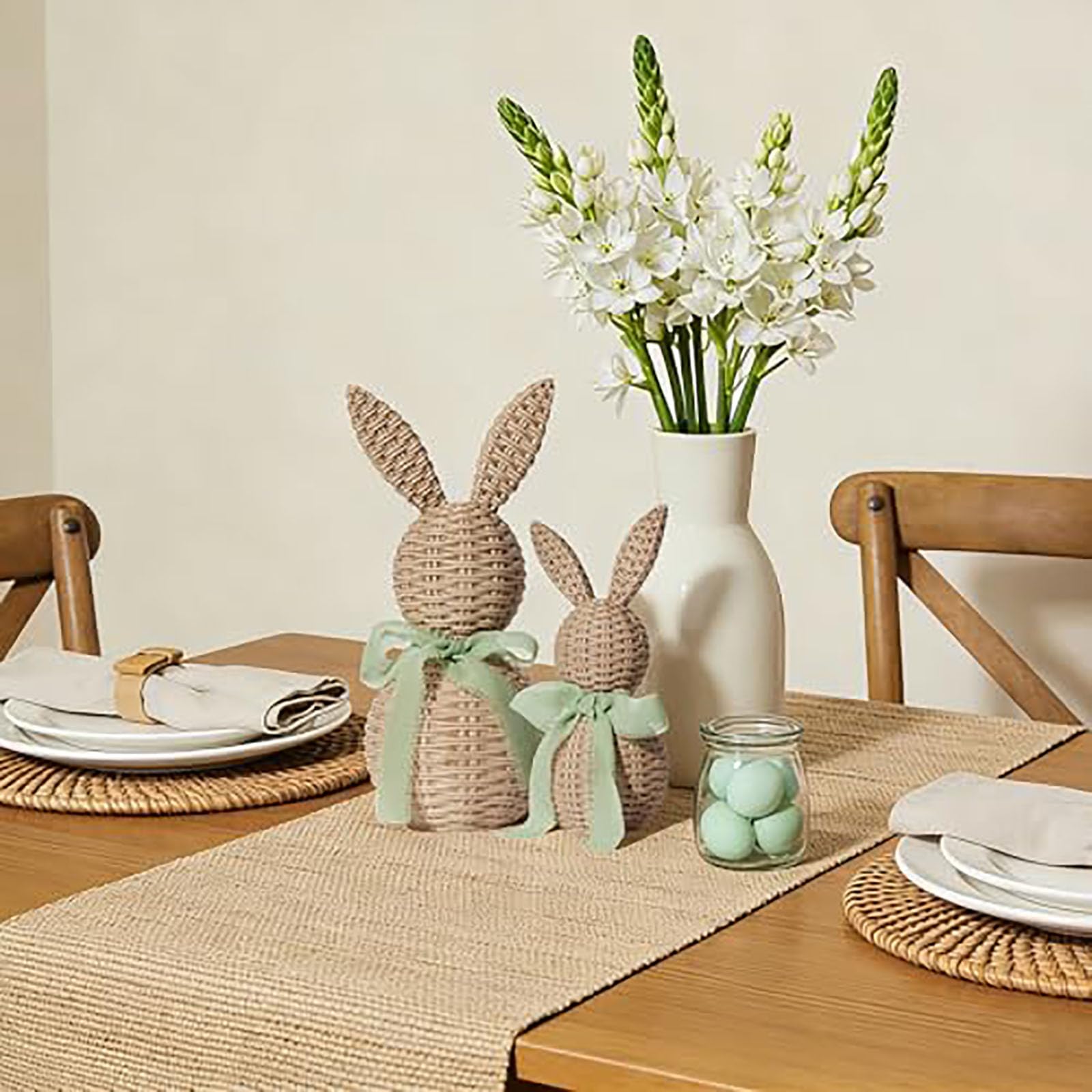 Coniglietti con fiocco verde chiaro, 2 pezzi, decorazioni pasquali grandi e piccole, set di statuette, centrotavola primaverile in stile fattoria, decorazione per la casa, Banco Da (A, One Size)