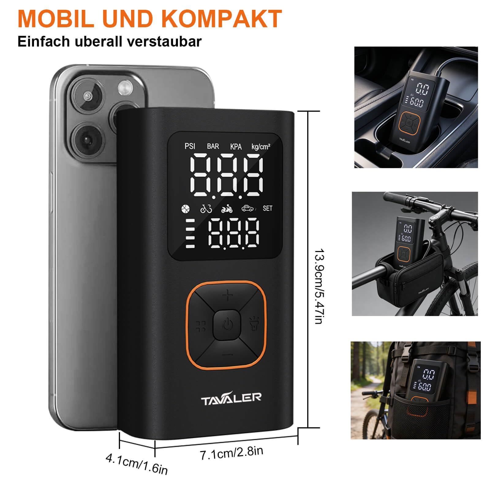 Tavaler Elektrische Luftpumpe Kabellose 150PSI Tragbare Akku Fahrradpumpe | Akku Luftpumpe Autostop, Memory Funktion Fahrradpumpe Elektrisch, LED-Licht Mini Kompressor für Auto E-Bike Fahrrad Motorrad