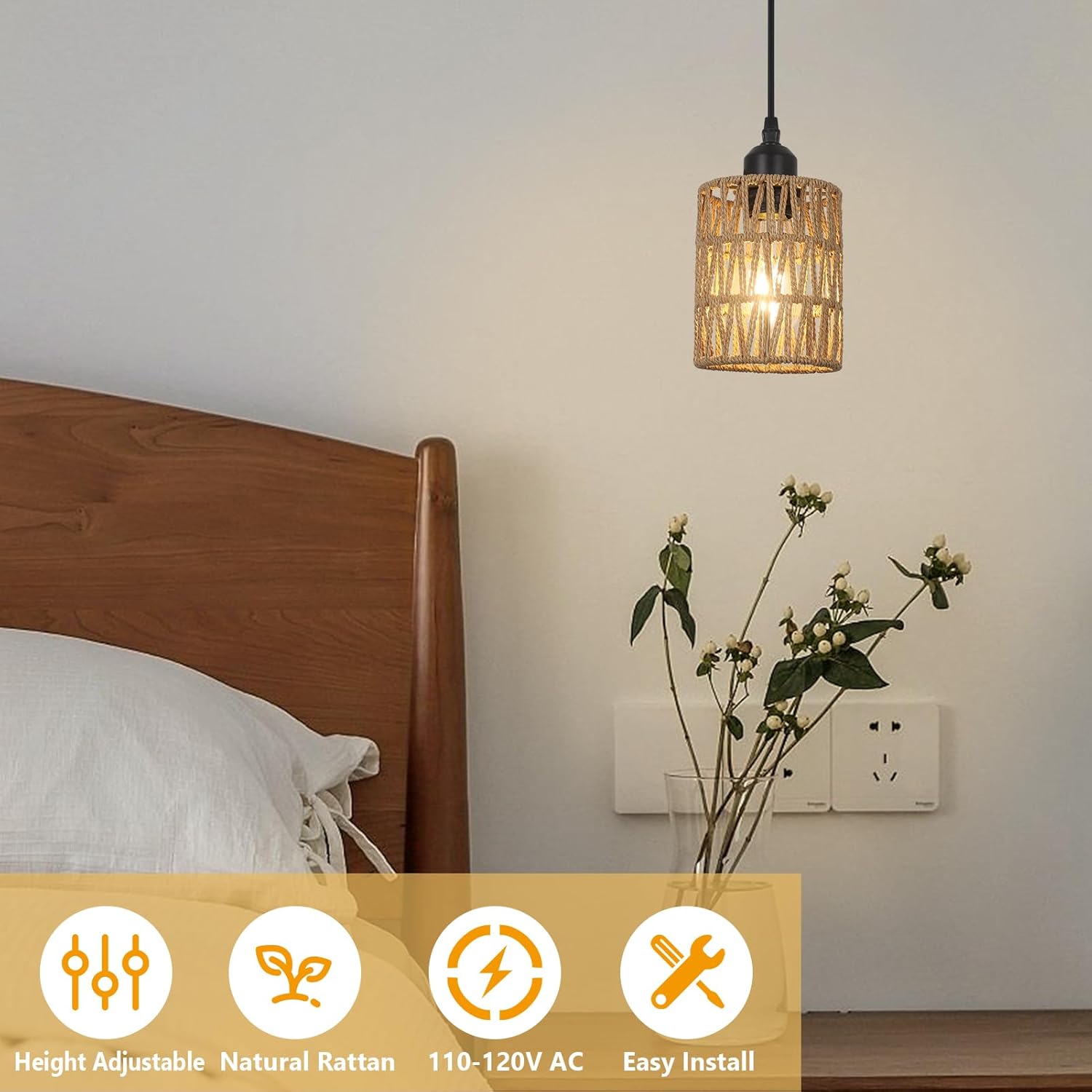 LAMSU 1-Light Rattan Pendant Lights, Boho Farmhouse Pendant Lighting with 4.7×5.9in Hand Woven Shade, Small Wicker Light Fixture Ceiling Hanging for Dining Room Kitchen, Height Adjustable up to 61in