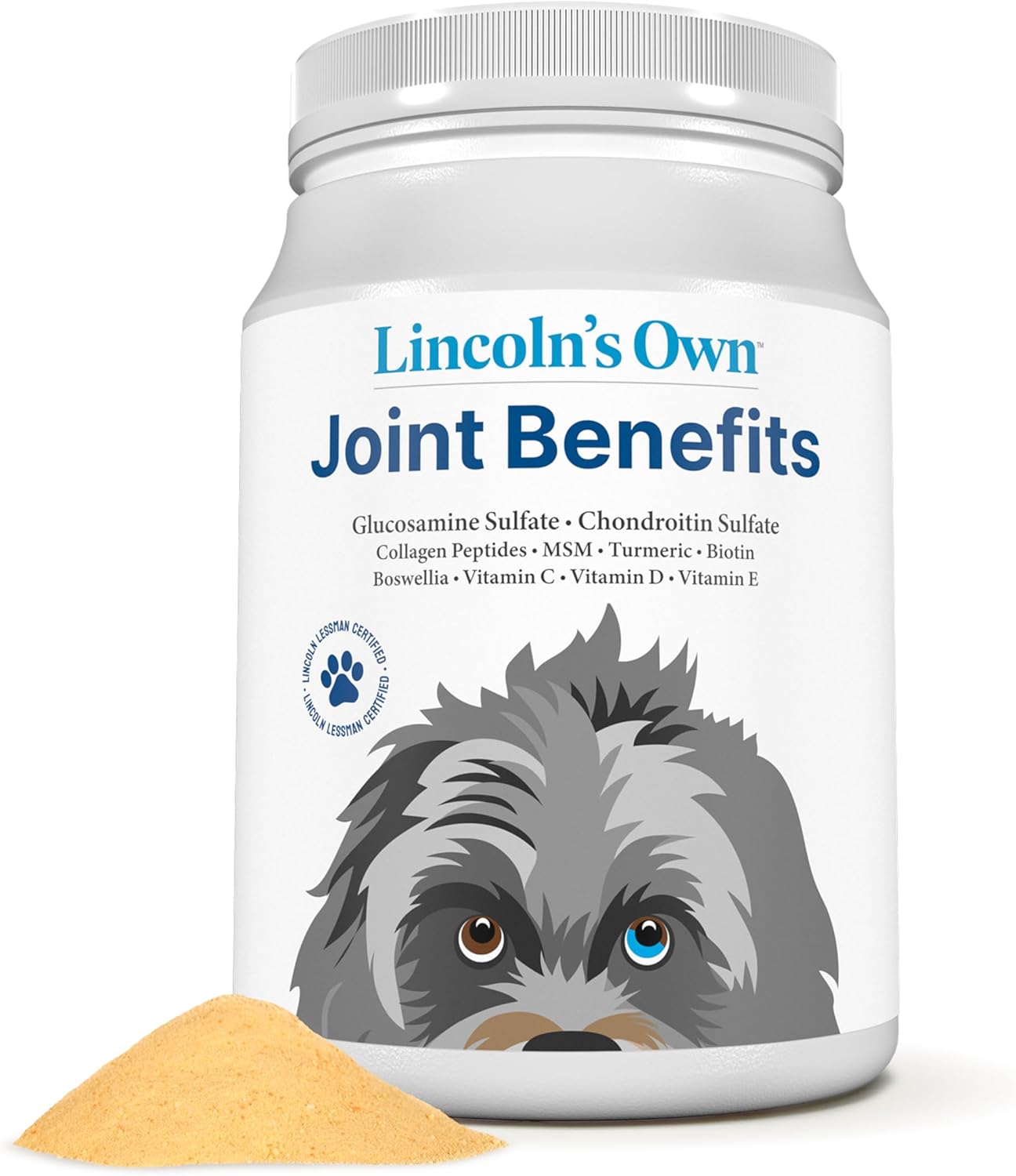 ANDREW LESSMAN Lincoln’s Own Joint Benefits for Dogs. 240 Servings. Advanced Glucosamine, Chondroitin and Free-Range Collagen Peptide Powder for Dogs. Contains No Additives of Any Kind.