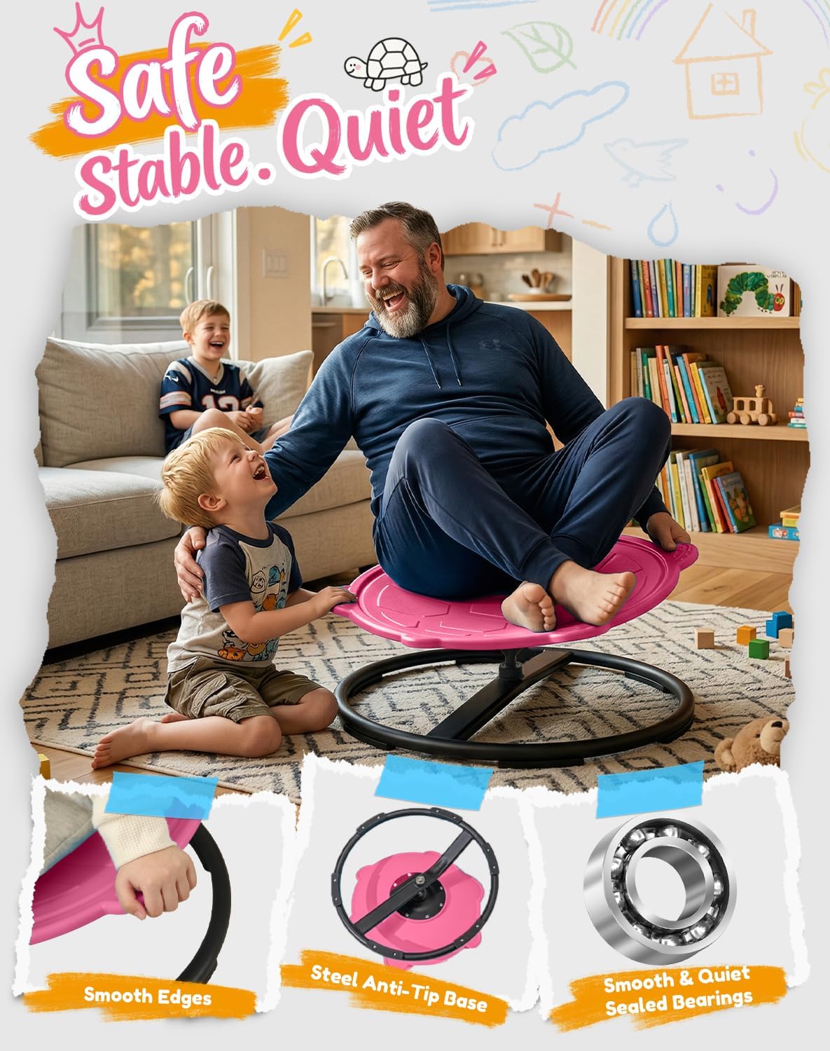 Turtle Spinning Chair for Autistic Kids – Sensory Spinning Toy, Spin Chair for Kids Autism, Sensory Swivel Seat for Balance, Coordination, Focus & ADHD Support, Autism Sensory Products (Pink)