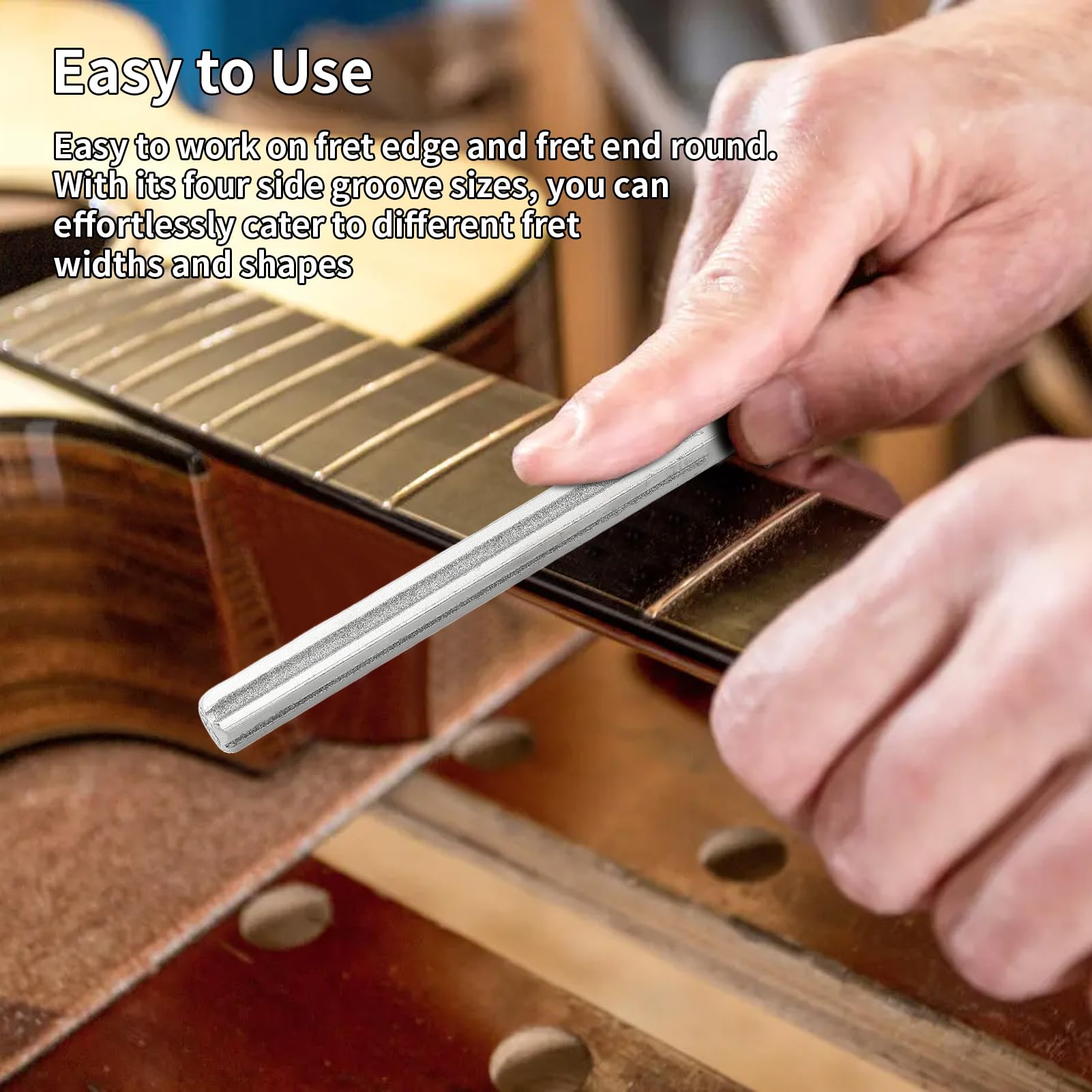 HUIOP Lime à couronner les frettes de guitare Outils de réparation de frettes avec 4 tailles de bords Bords d'encoche étroits/moyens/larges et bords plats Manche en bois Outils de luthier pour guitare