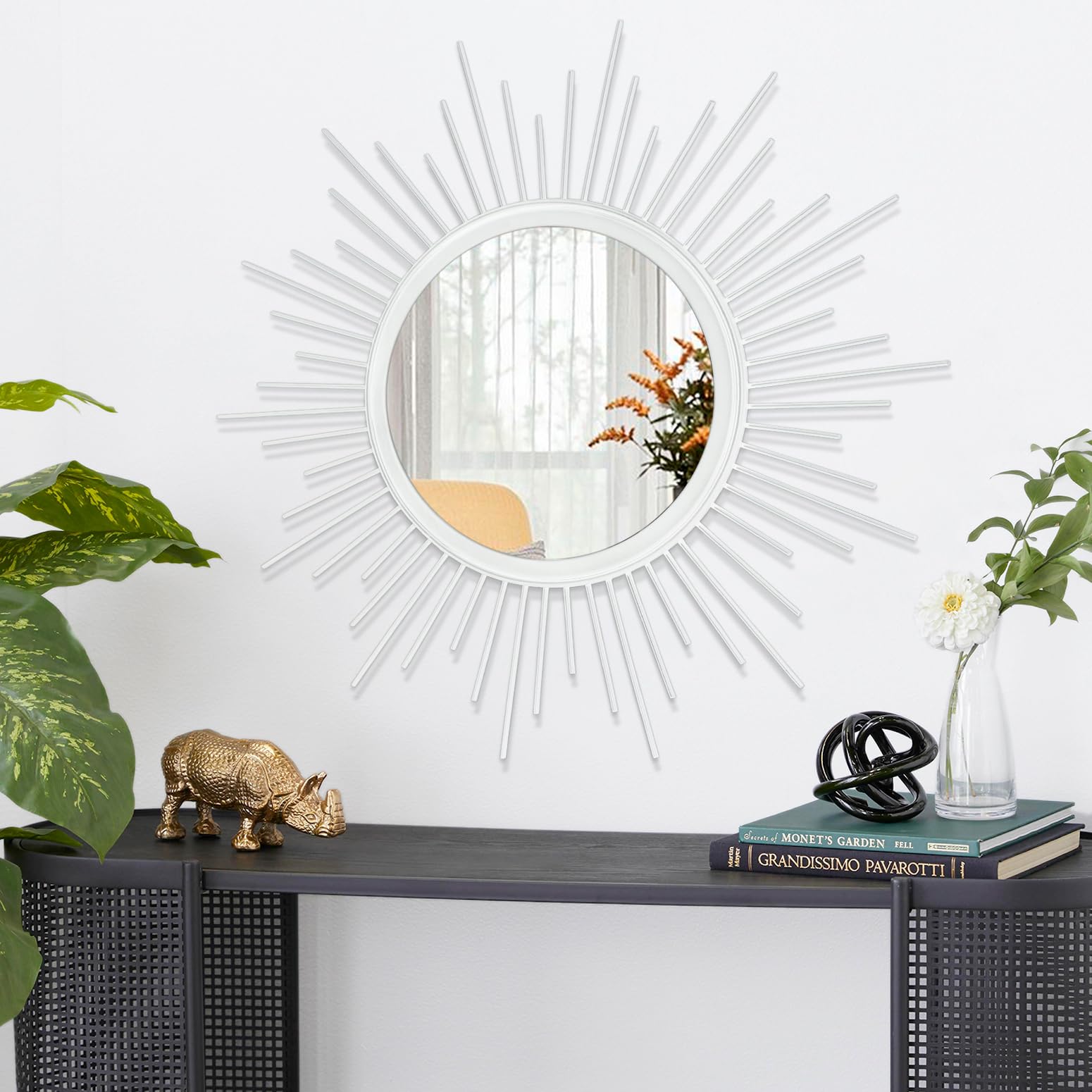 HLFMVWE Sunburst Wall Mirror Spoked Home Circle Wall Art Mirrors Classic Metal Modern Hanging Mirror, Decor Living Room Bathroom Bedroom Entryway Vanity Office Hallway Large White