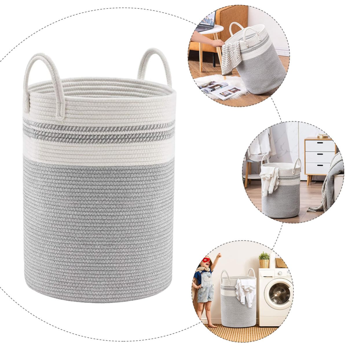 Cesto Portaoggetti in Corda di Cotone Bianco Grigio Pieghevole
