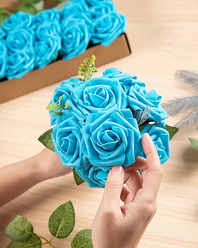 Miniatura 5 de DuHouse 25 rosas artificiales con tallos, flores de espuma de tacto real para bricolaje, ramo de boda, baby shower, centro de mesa, arreglo floral,