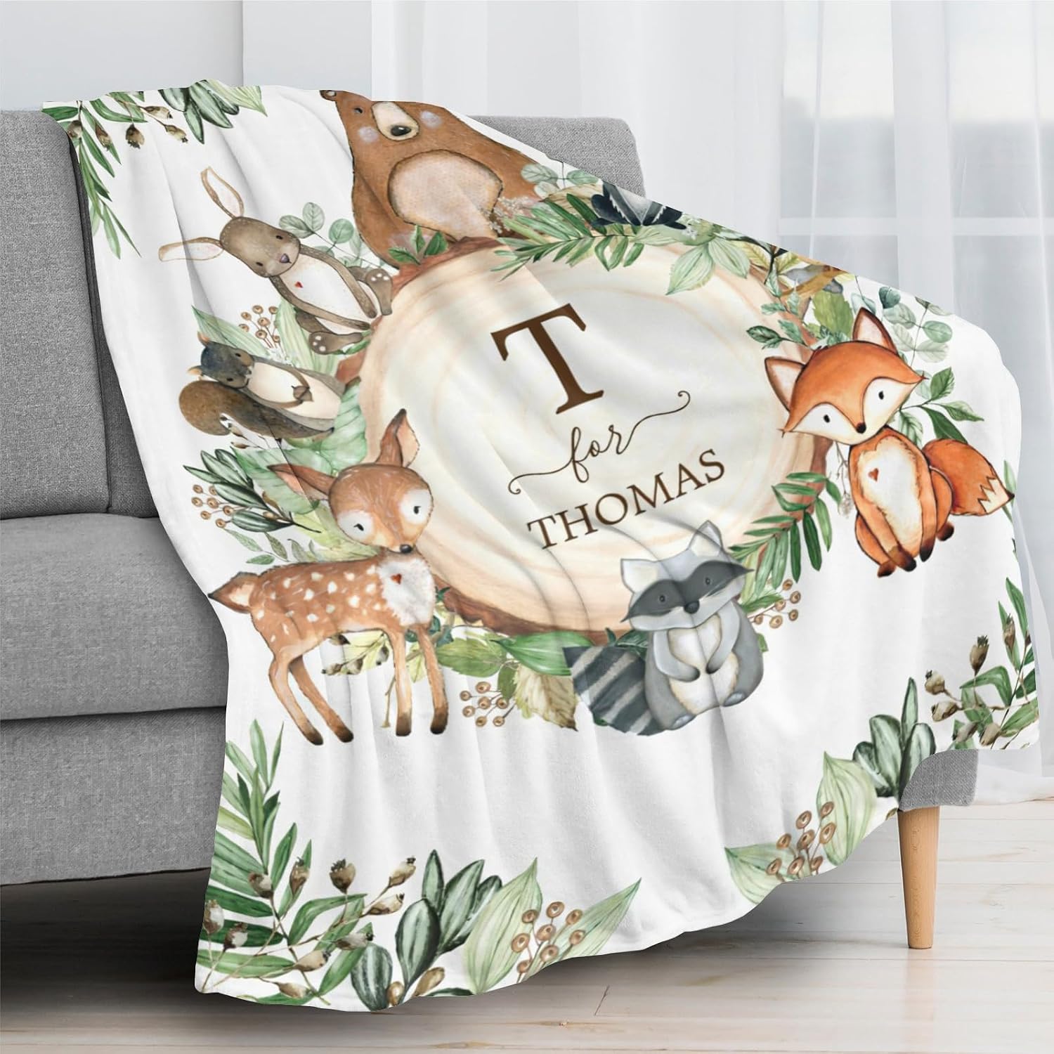 Personalized Woodland Animals Baby Blanket with Name Custom Baby Blanket for Boys Girls Soft Throw Blanket for Baby Shower Nursery Décor Plush Fleece & Giftable - Woodland Animals 60x80in