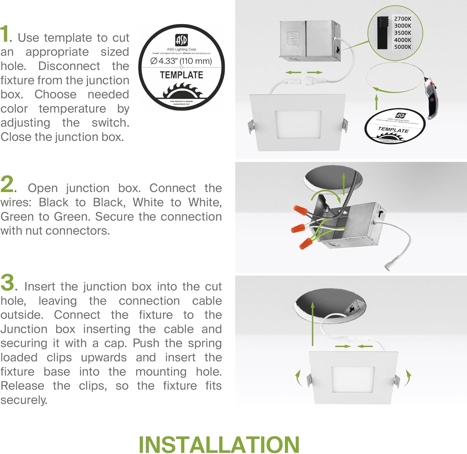 ASD 6 Pack LED Square Recessed Lighting 4 Inch with Round Back, 5CCT 2700K-5000K CRI90+, Ultra-Thin IC Rated Dimmable Ceiling Lights with Junction Box, Canless Wafer Downlight, ETL Energy Star, White