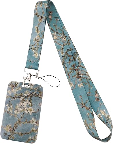 Cordón con soporte para tarjeta de identificación genial de Van Gogh para llaves, llavero estético con flores para mujeres y niñas para tarjetas de