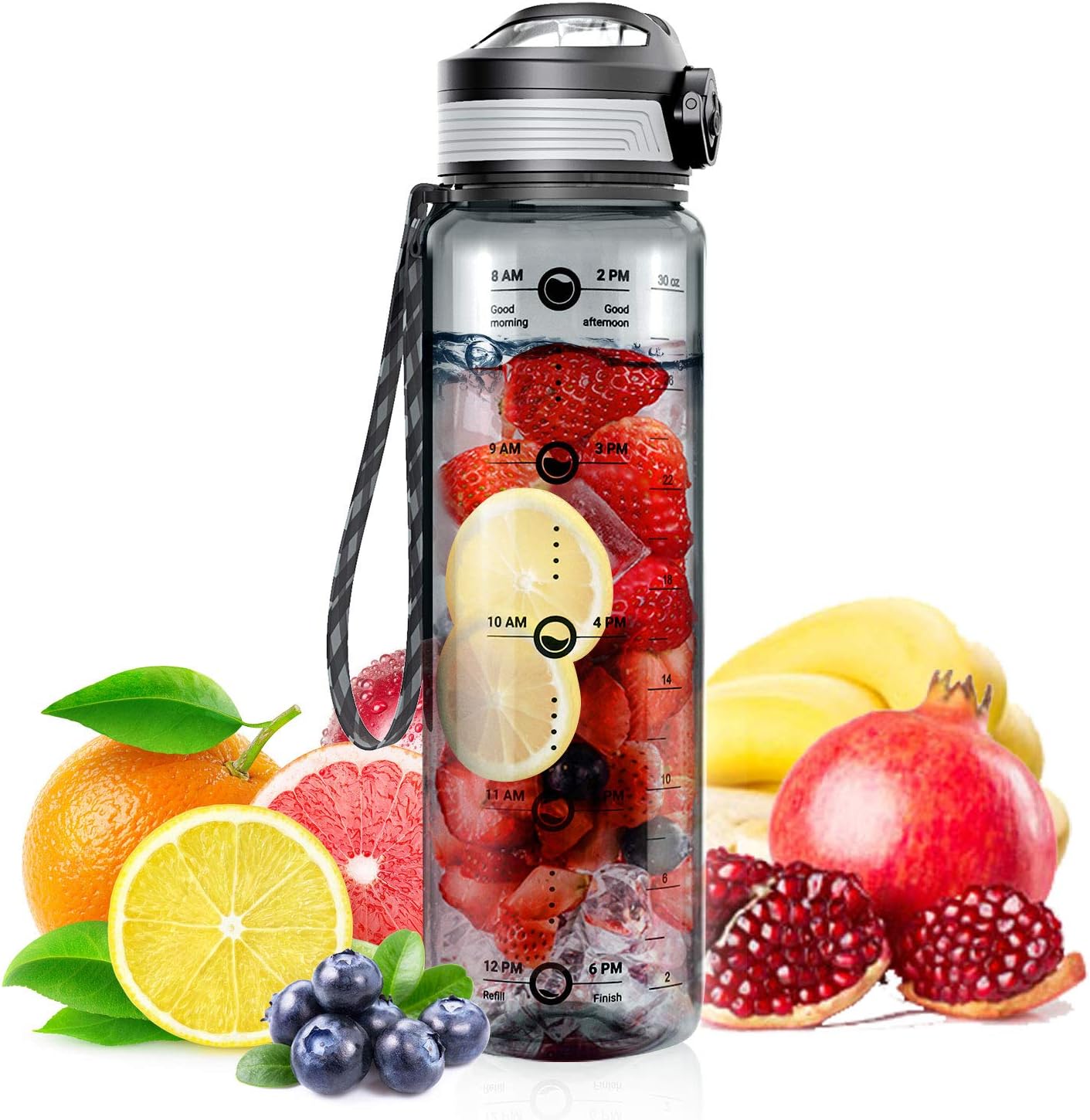 STOON Water Bottle with Time Marker, 32oz BPA Free Sports Fruit Infuser Water Bottle - Fast Flow, Removable Strainer, Leak-Proof -1L Reusable Drinking Bottle for Office, Gym, Travel, Fitness and More