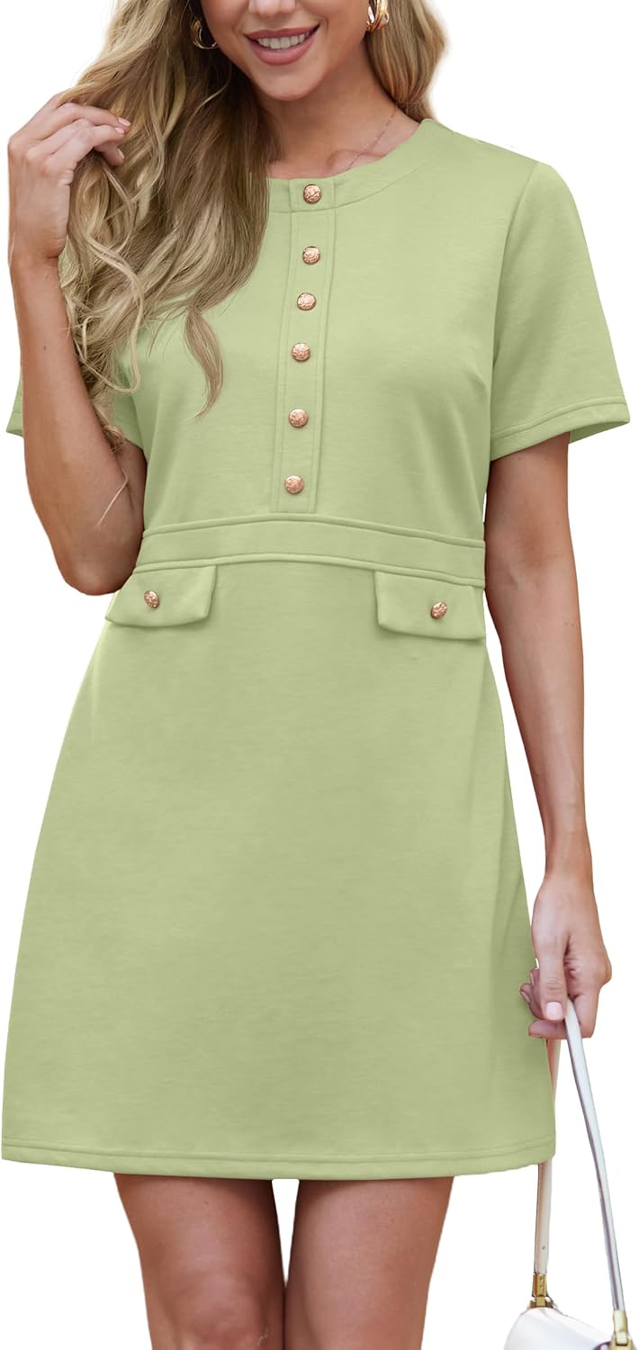 GRECERELLE Women's Summer Short Sleeve Button Crew Neck Elegant Business Work Bodycon Mini Short Dresses