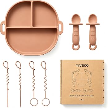 Baby Feeding Set with Silicone Divided Plate, Toy Straps, Spoon Tether, Cup Holder Strap, Anti Drop Toddler Mealtime Set for Baby Led Weaning-Brown