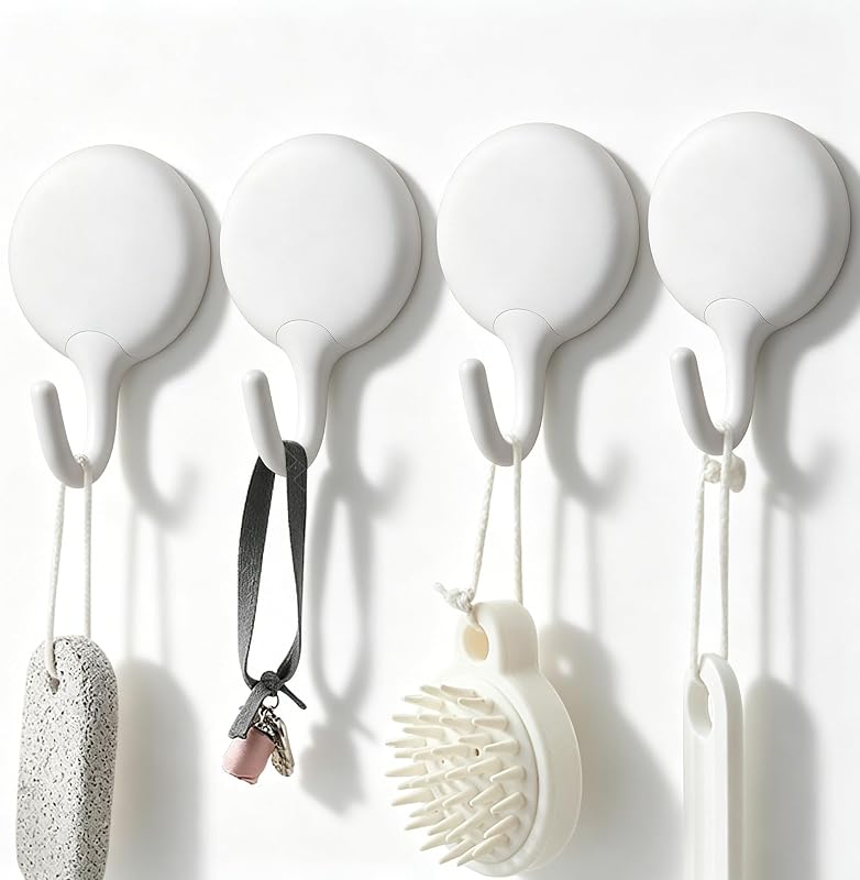 Paquete de 4 ganchos adhesivos sin taladro, ganchos de pared blancos sin daños para colgar toallas, abrigos, llaves, baño, cocina, organización del hogar