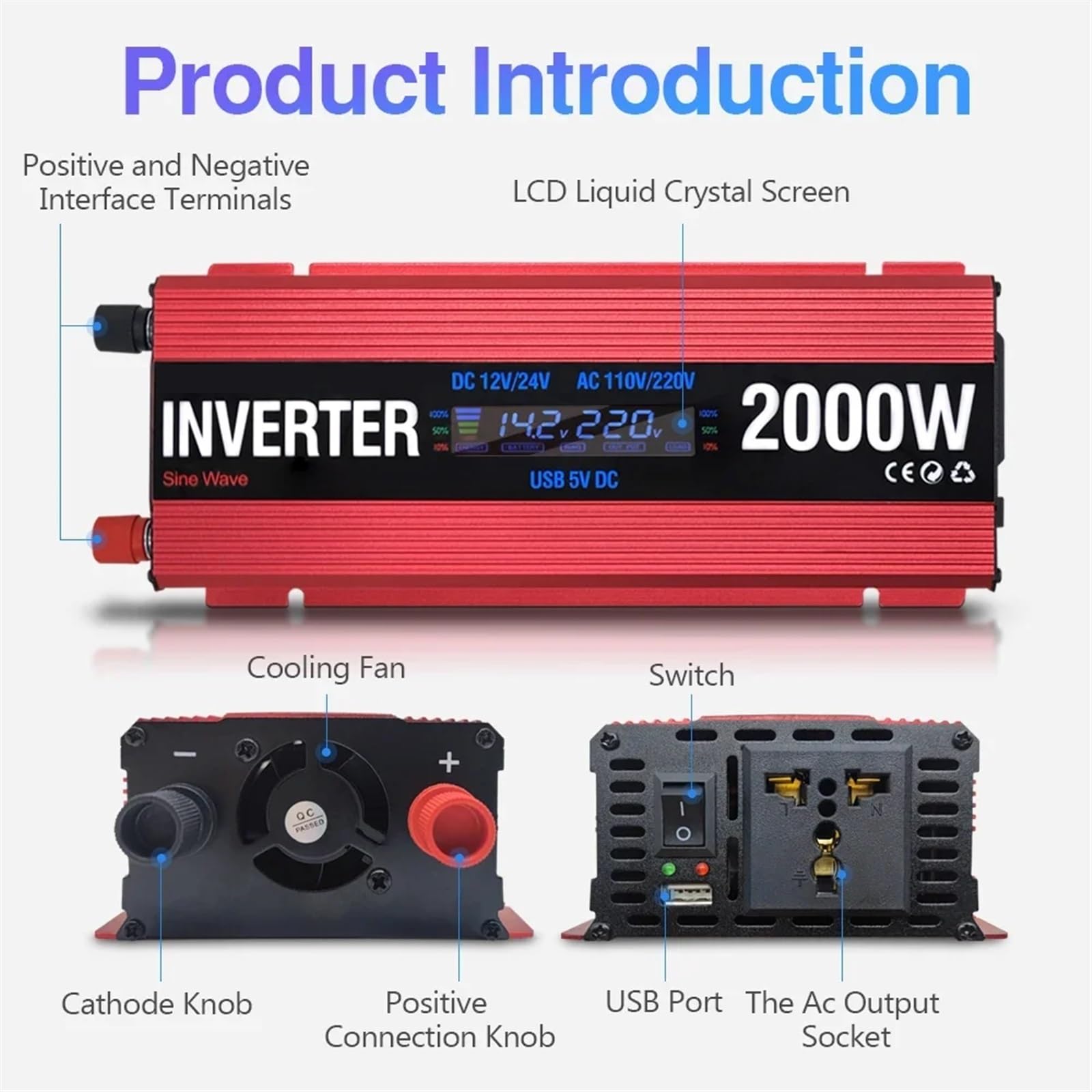 Microinversor, Inversores de energía solar 600W 1000W 2000W Onda sinusoidal modificada Inversor USB for automóvil Convertidor de voltaje Transformador CC 12V 24V CA(1000W)