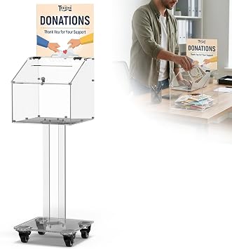 Tredre Acrylic Donation & Suggestion Box with Slot and Lock, Large Capacity Offering box with Stand for Fundraisers, Church, Charity & Hospital, Floor/Tabletop Convertible Clear, 13.7"13.7"39.3"