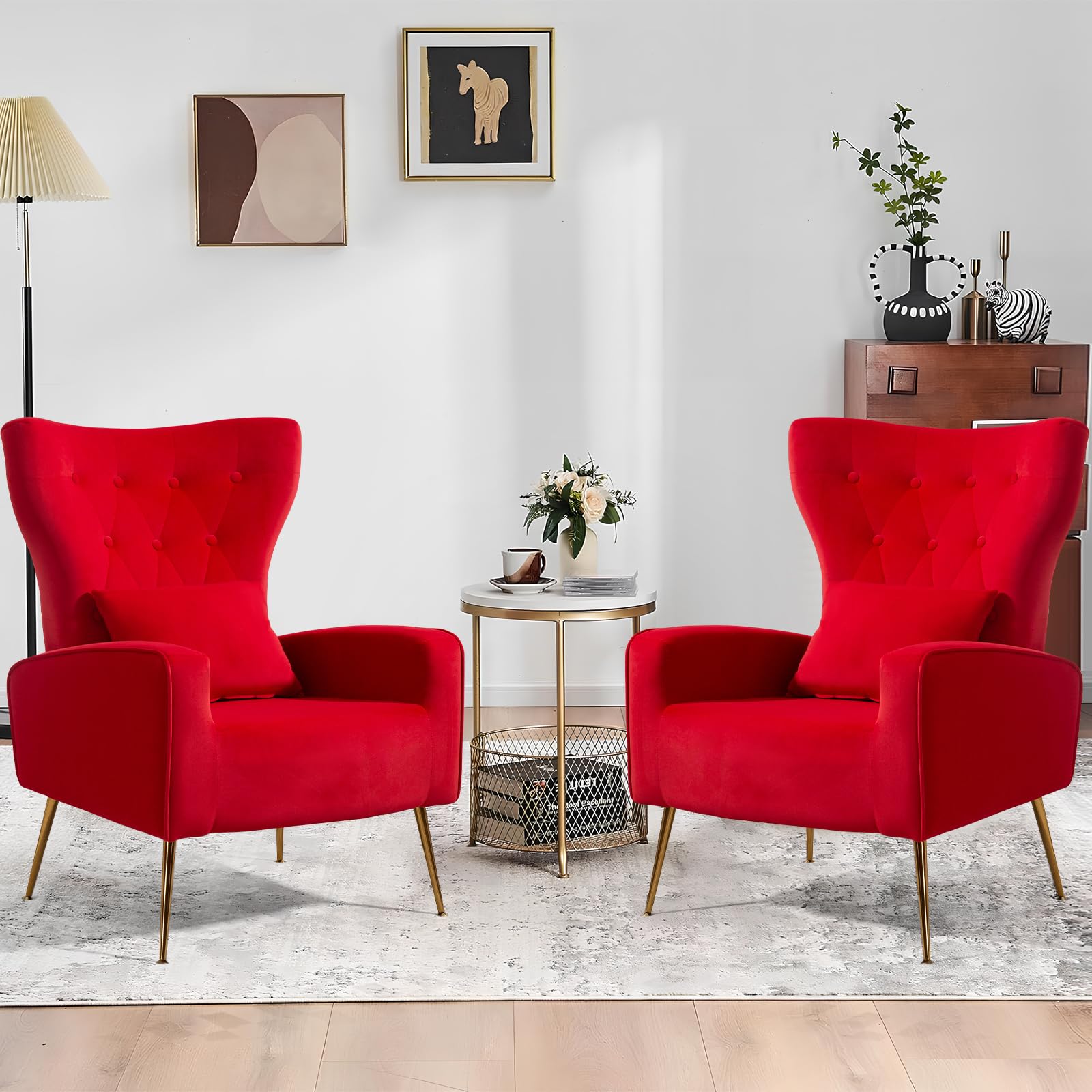 ZJhome Button-Tufted Velvet Accent Chairs Set of 2, WingBack Living Room Chairs Armchair with Lumbar Pillow, Bedroom Chairs Vanity Arm Chair with