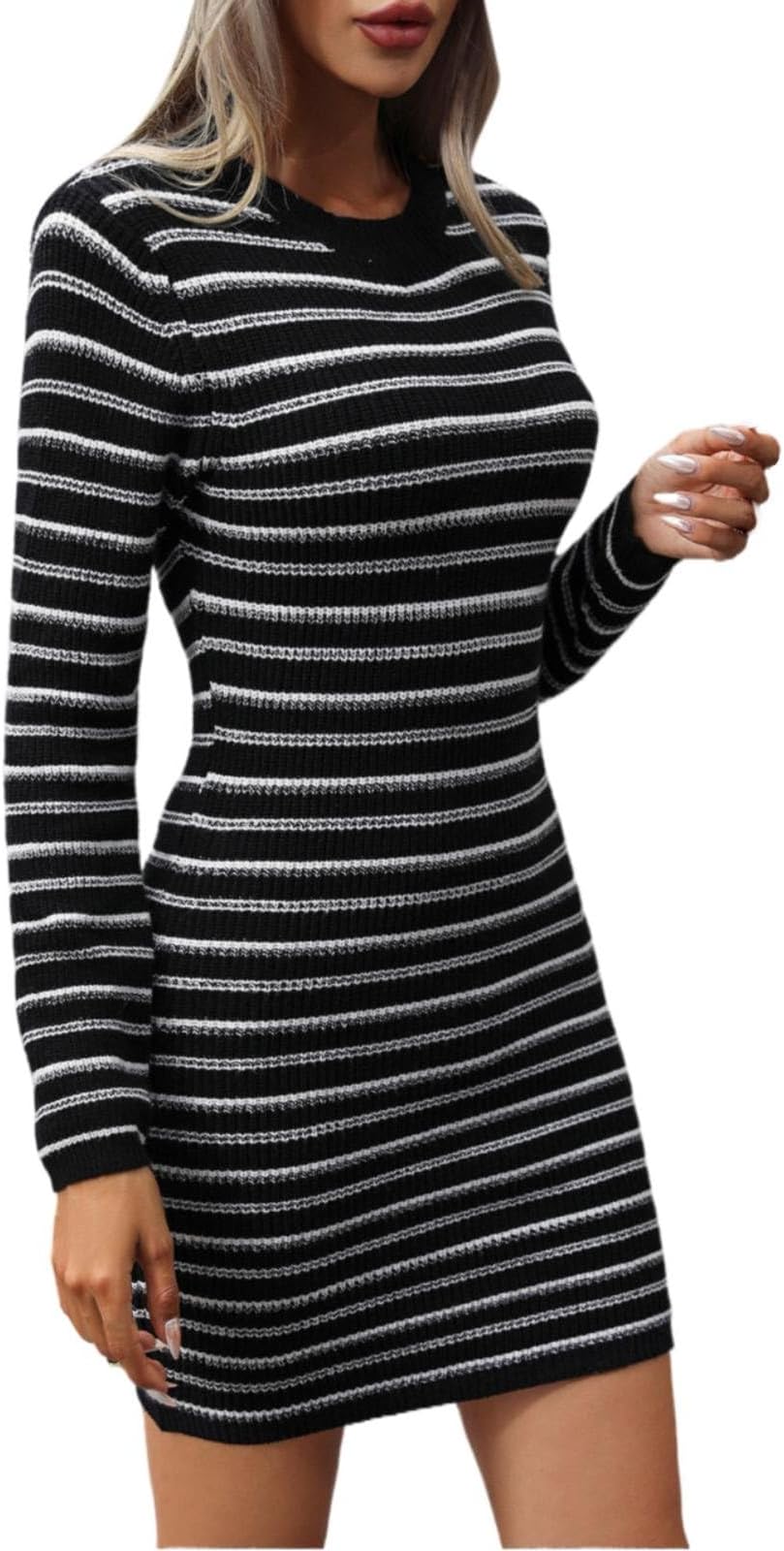 T-Shirt Dresses for Women Long Sleeve Bodycon Mini Dress Womens Tunic Knitwear Hip Wrap Dress Ladies Autumn Fashion Going Out Skirt Women's Intercolor Pullover Mid Length Sweater