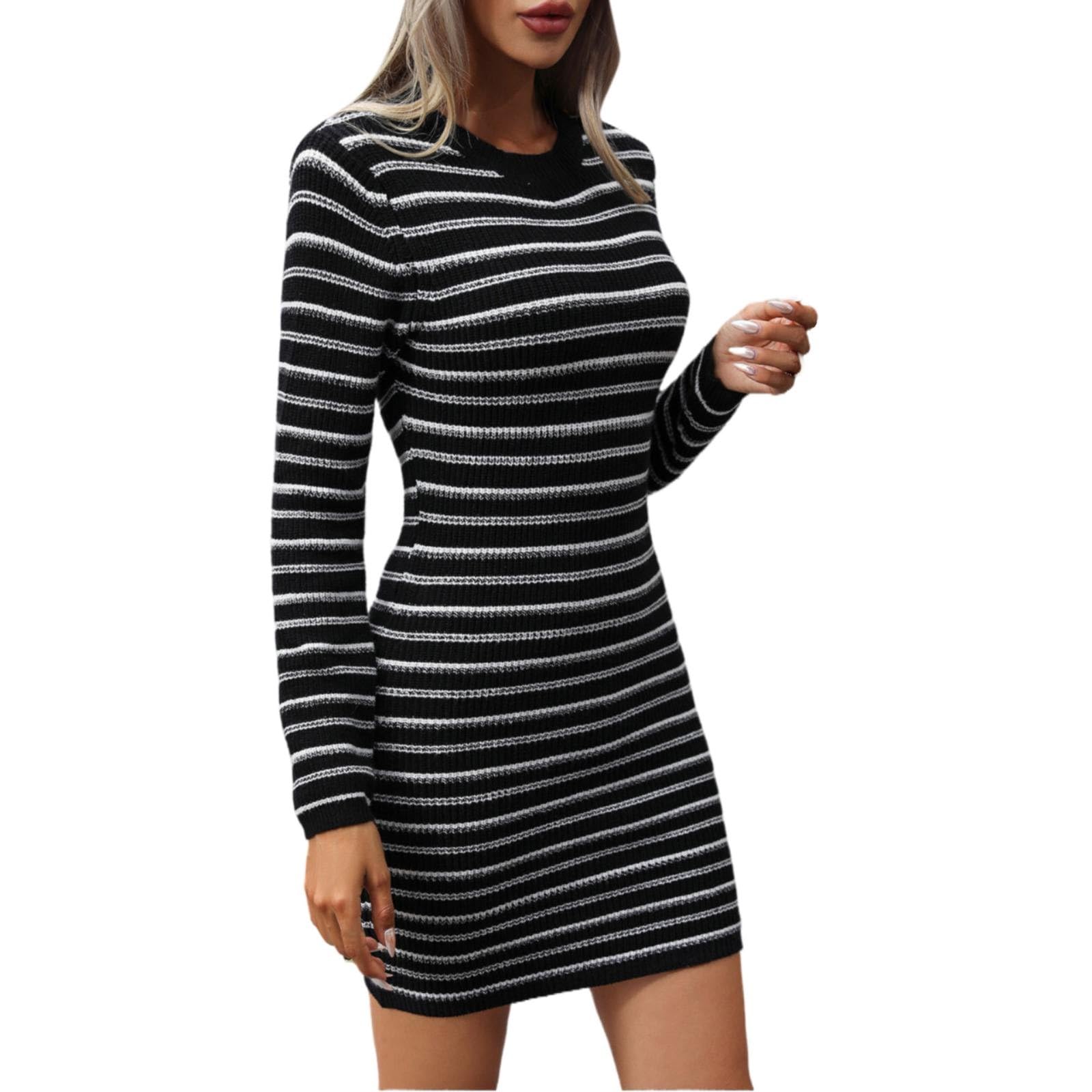 T-Shirt Dresses for Women Long Sleeve Bodycon Mini Dress Womens Tunic Knitwear Hip Wrap Dress Ladies Autumn Fashion Going Out Skirt Women's Intercolor Pullover Mid Length Sweater