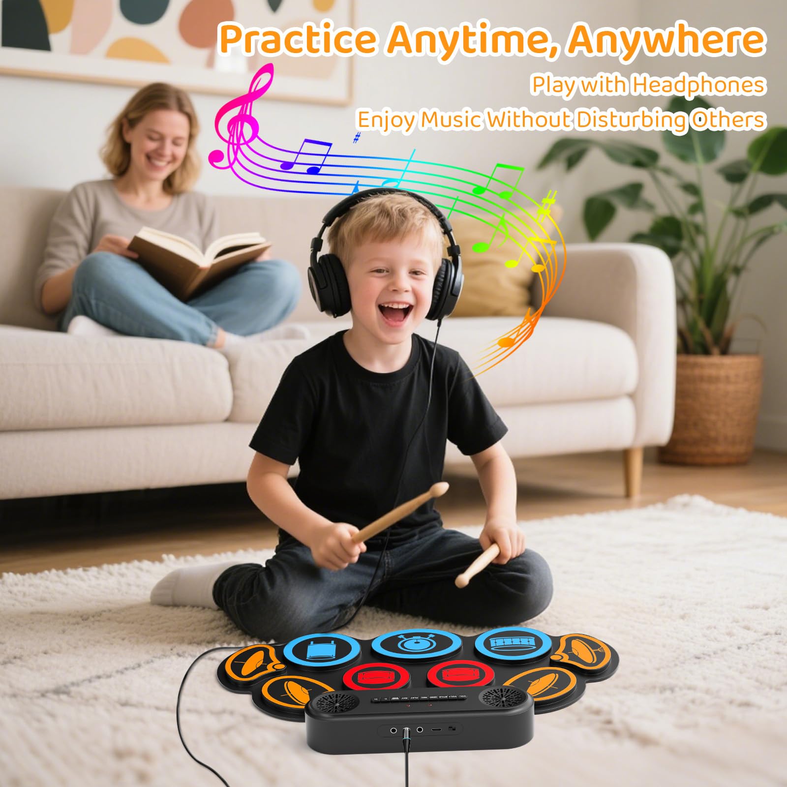 Schlagzeug Elektronisch Kinder, 9-Pad Elektronisches Schlagzeug Set, E-Drum Set mit 2 Pedalen, Dual-Lautsprecher & Sticks, Kopfhörer/Bluetooth/MIDI Unterstützung, Geschenk für Kinder & Anfänger